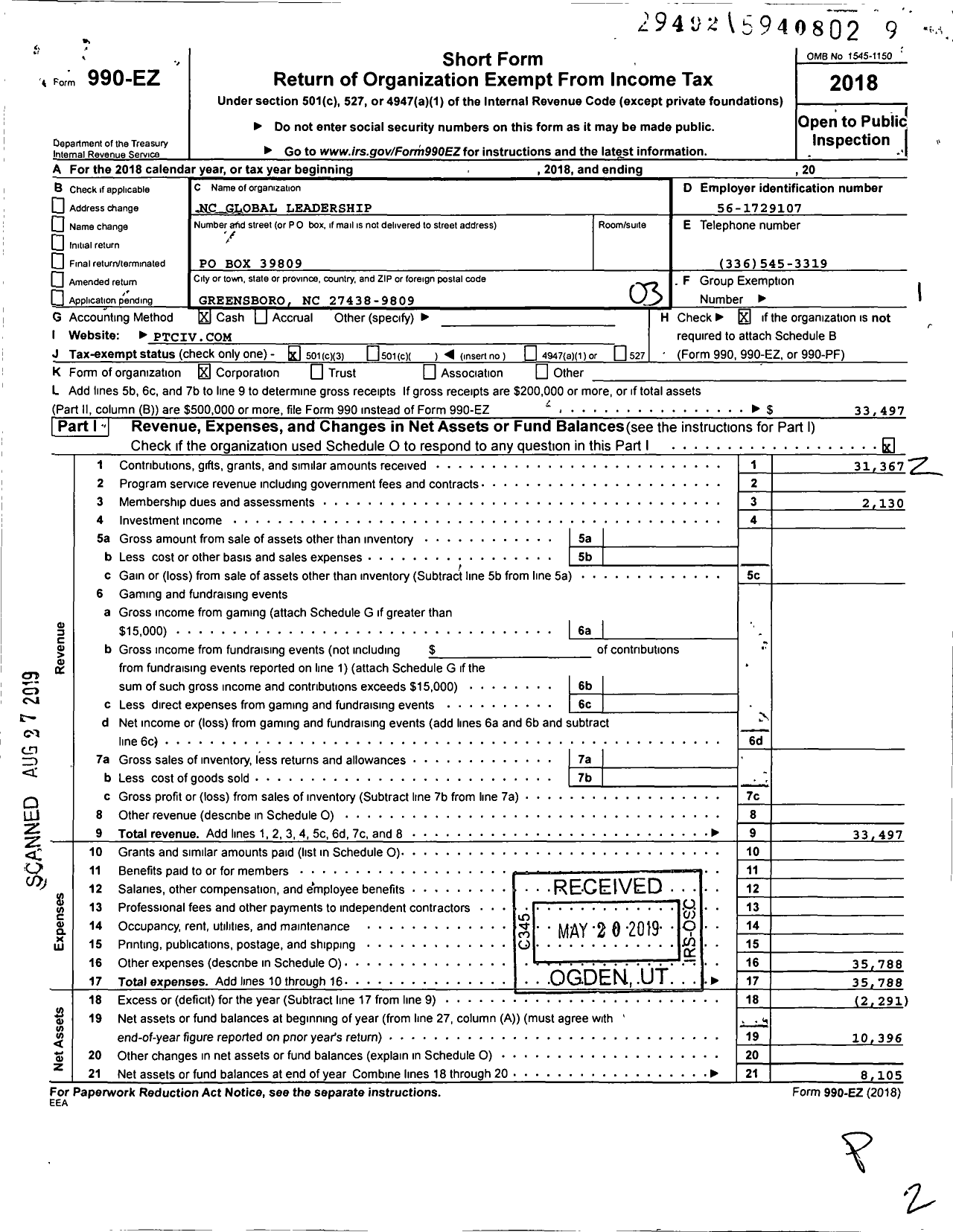 Image of first page of 2018 Form 990EZ for NC Global Leadership