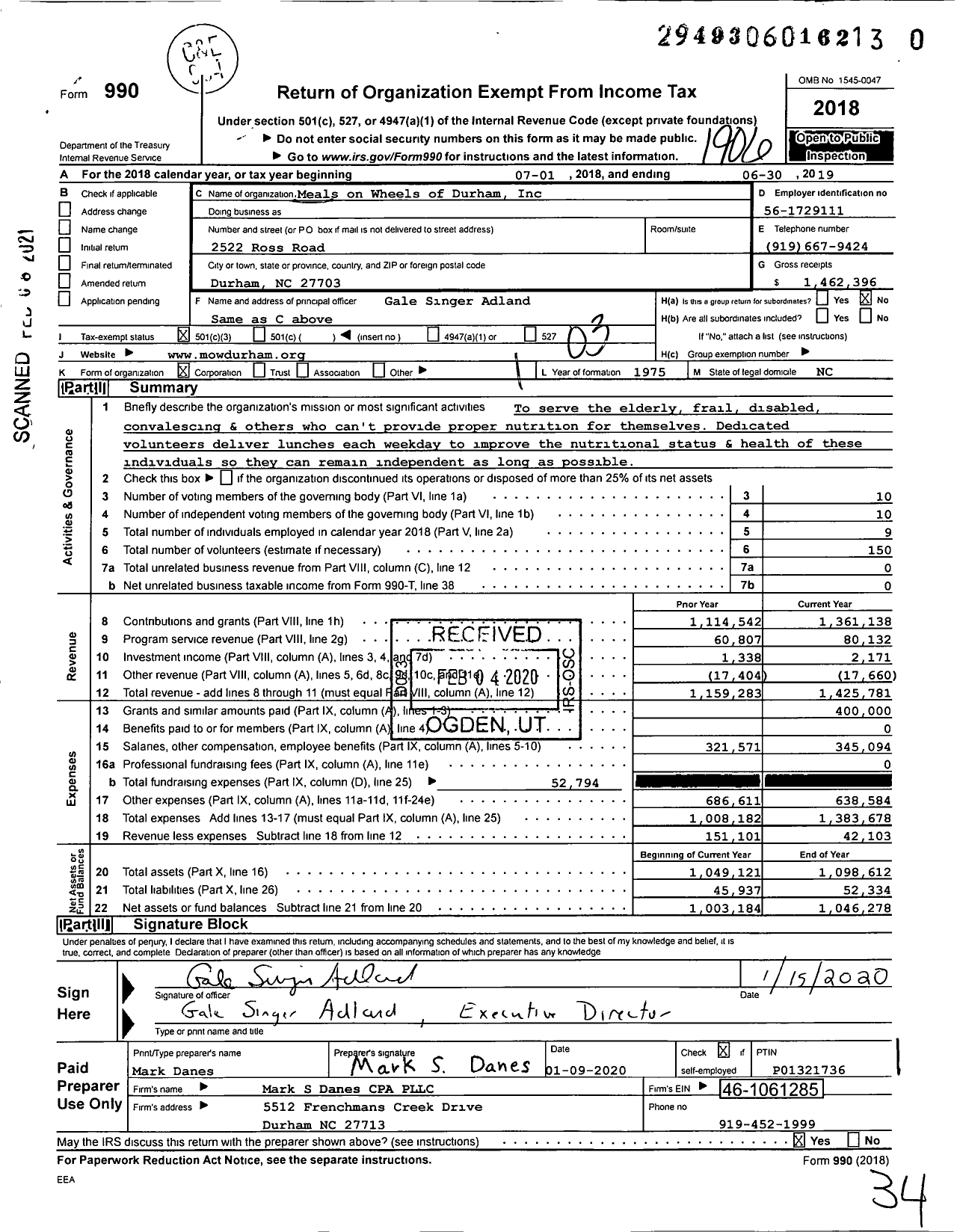 Image of first page of 2018 Form 990 for Meals on Wheels of Durham