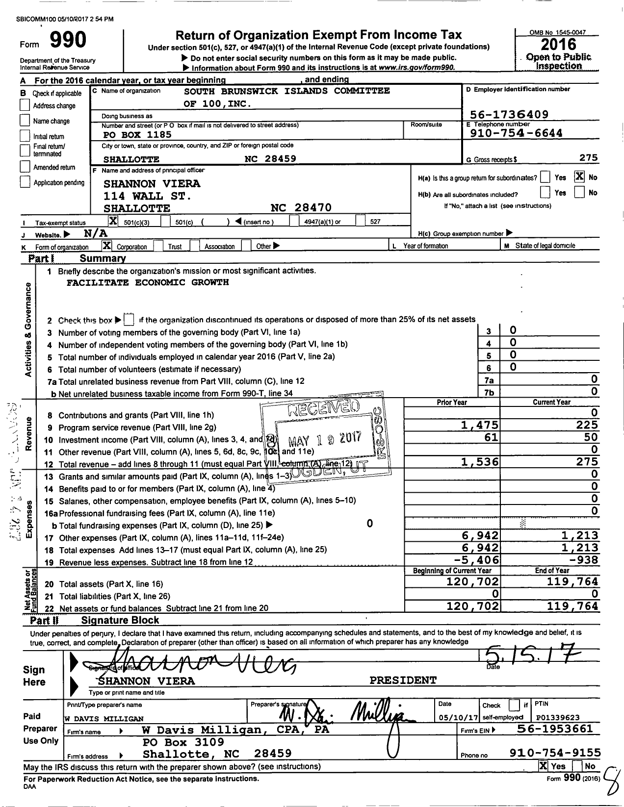 Image of first page of 2016 Form 990 for South Brunswick Islands Committee of 100