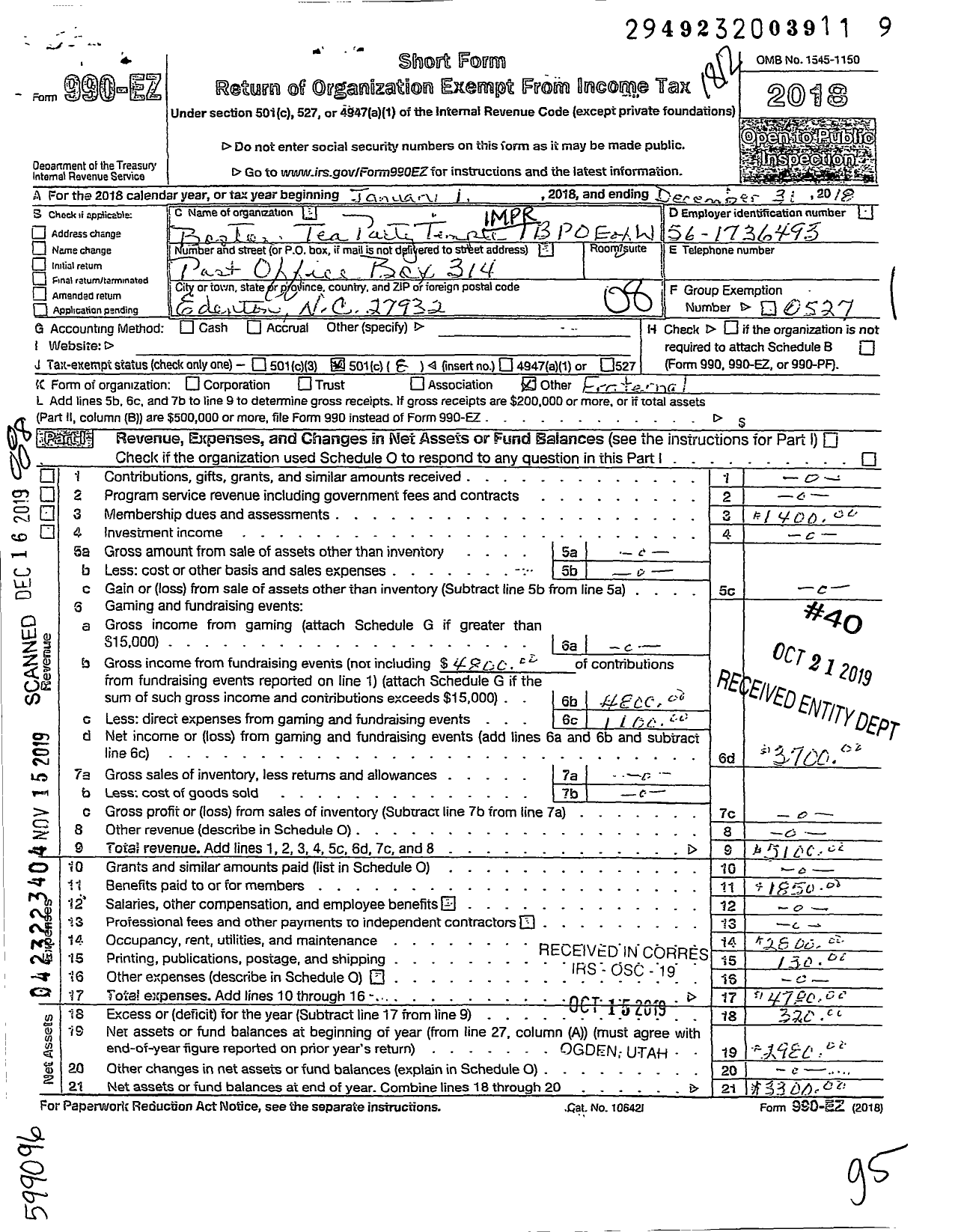 Image of first page of 2018 Form 990EO for Improved Benevolent and Protective Order of Elks of the World - 1217 Boston Tea Party