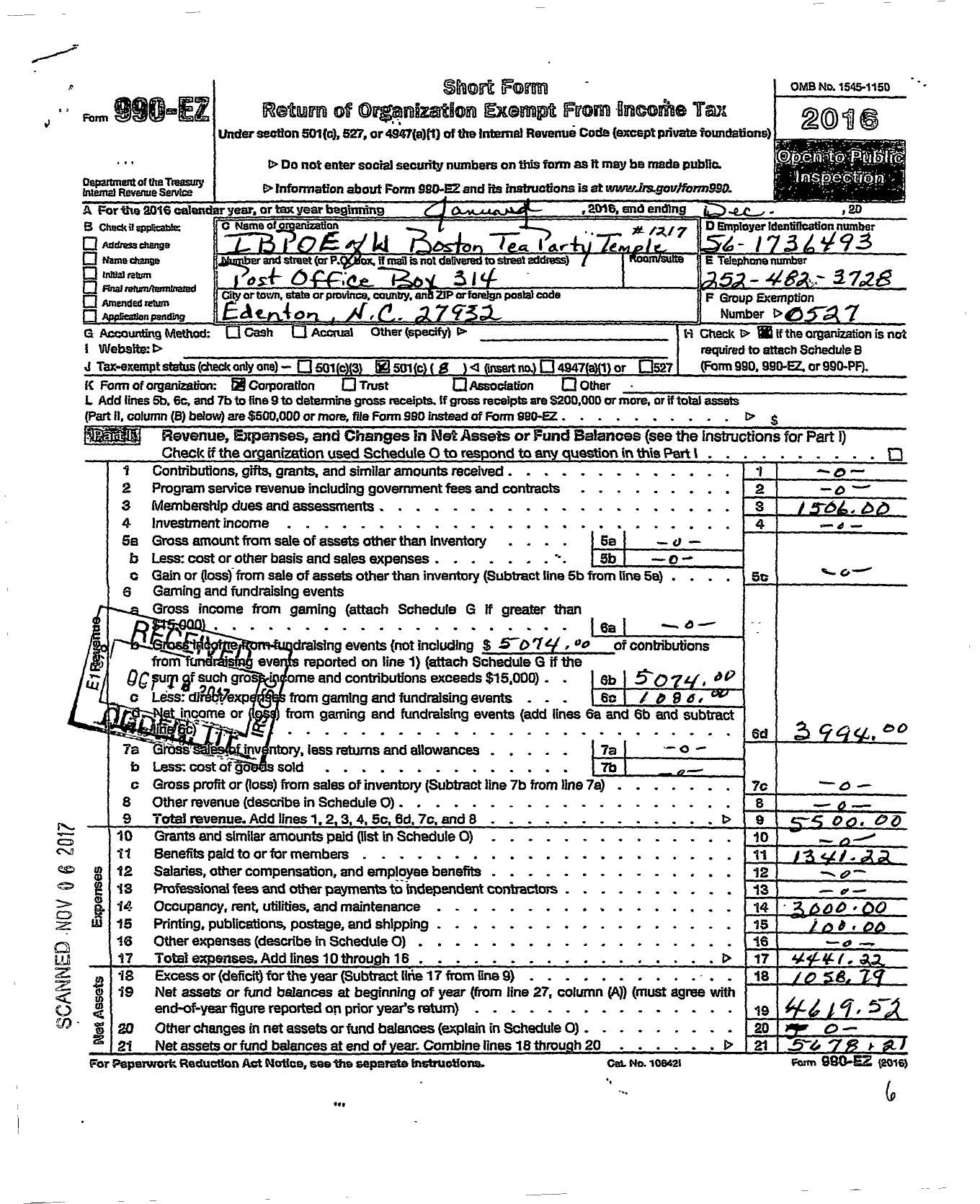 Image of first page of 2016 Form 990EO for Improved Benevolent and Protective Order of Elks of the World - 1217 Boston Tea Party