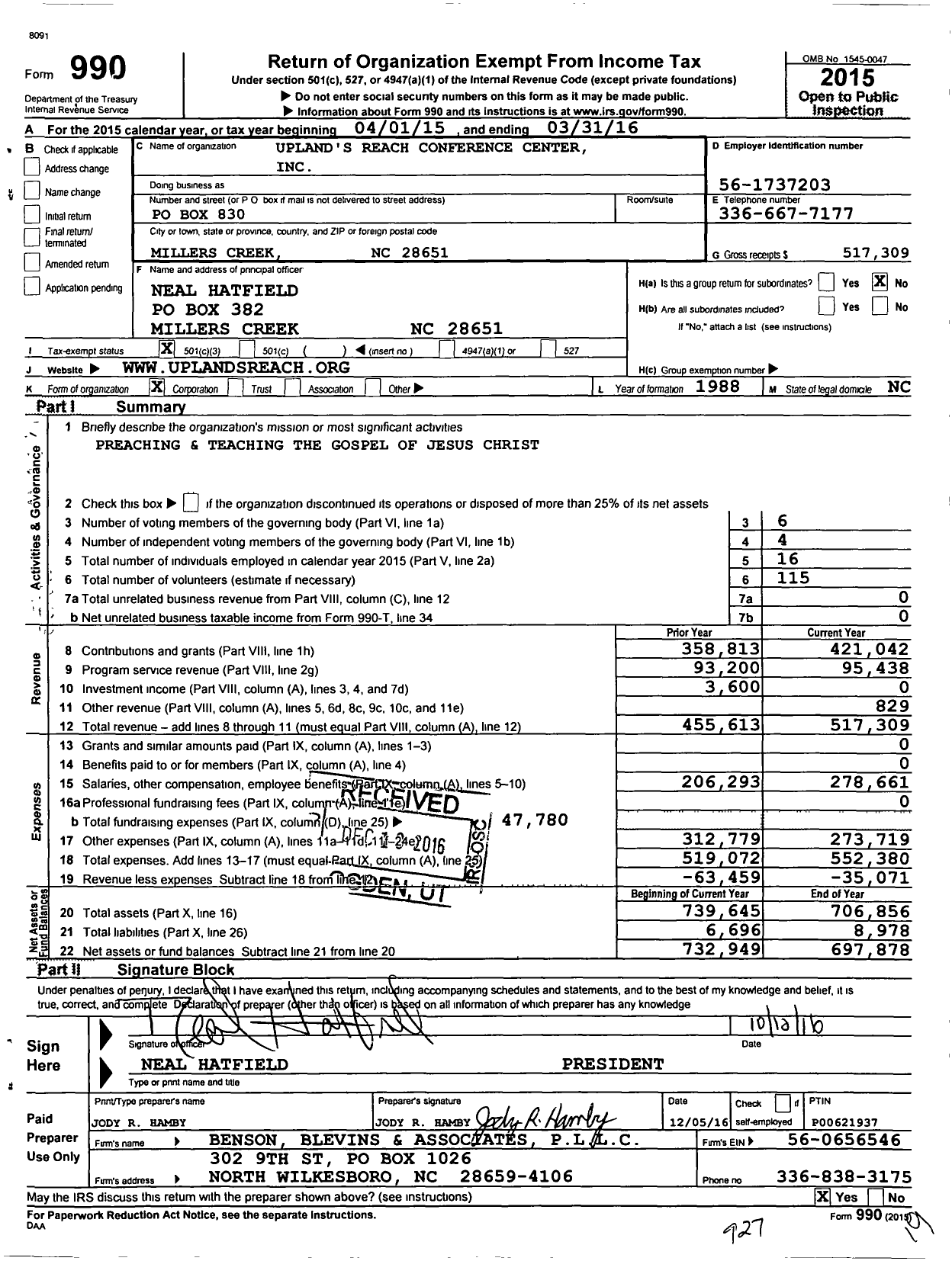 Image of first page of 2015 Form 990 for Upland's Reach Conference Center