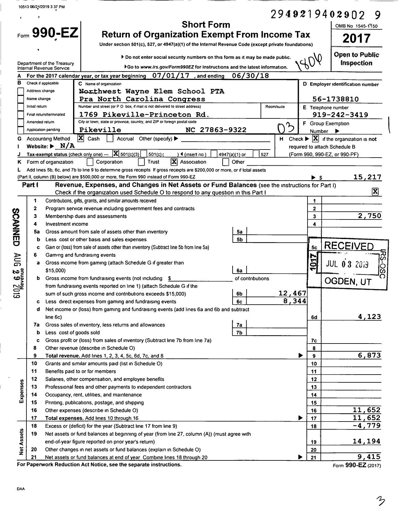Image of first page of 2017 Form 990EZ for Northwest Elementary School PTA
