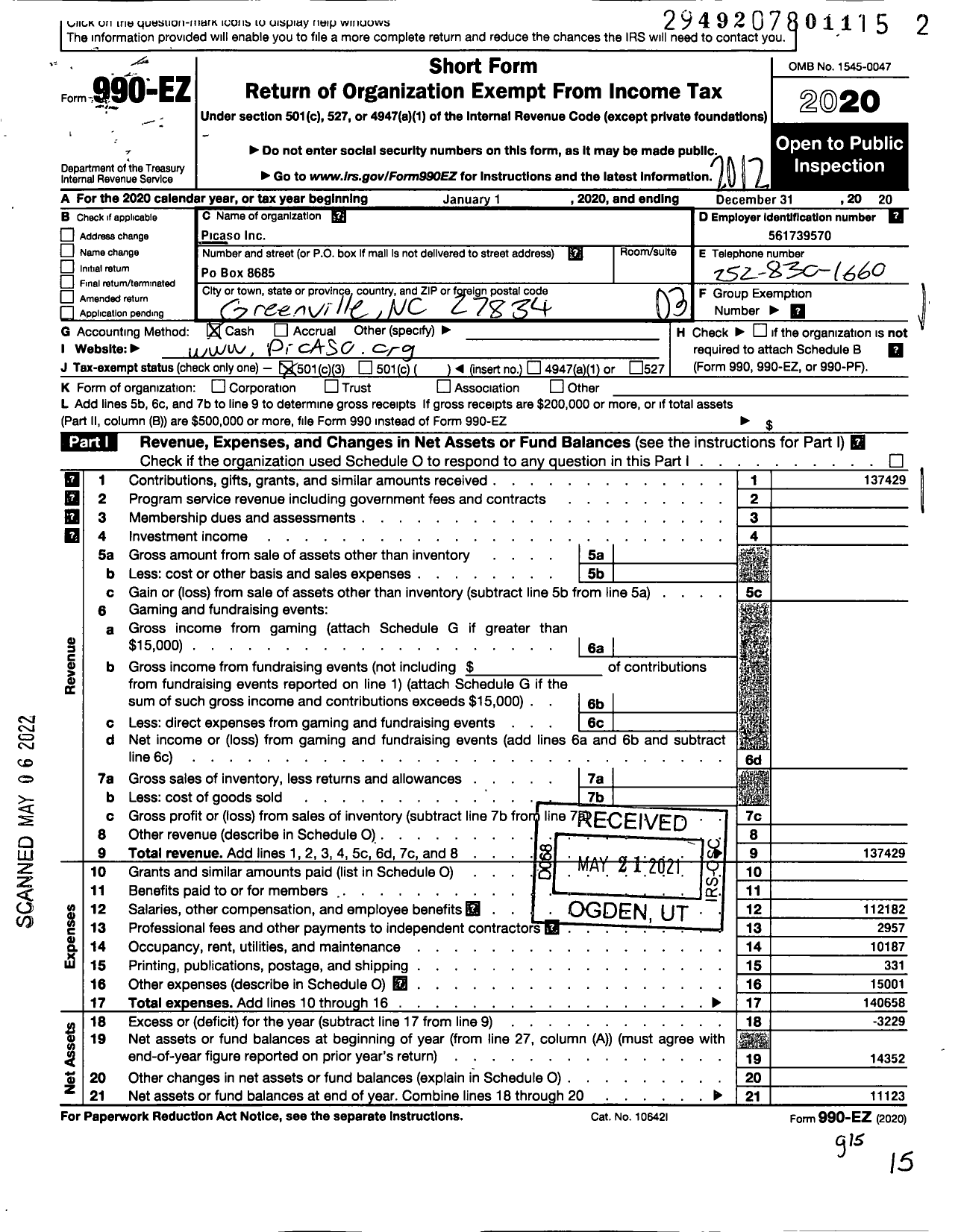 Image of first page of 2020 Form 990EZ for Picaso