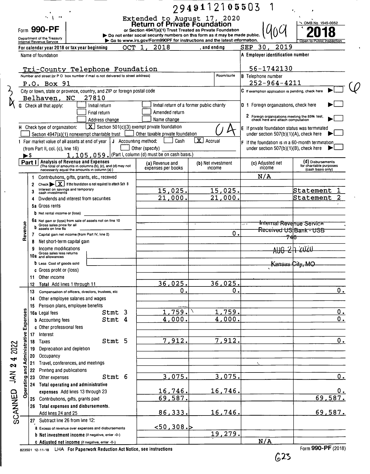 Image of first page of 2018 Form 990PF for Tri-County Telephone Foundation