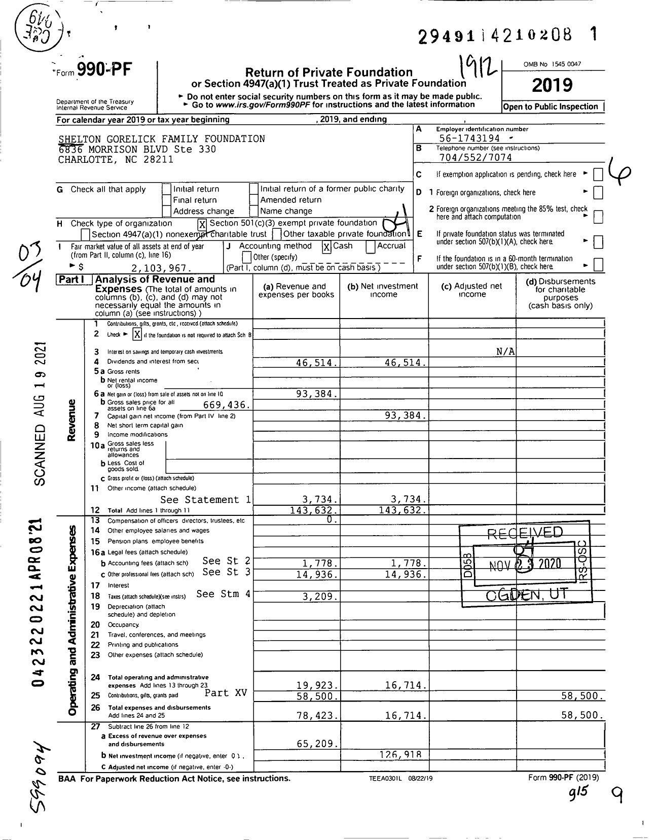 Image of first page of 2019 Form 990PF for Shelton Gorelick Family Foundation