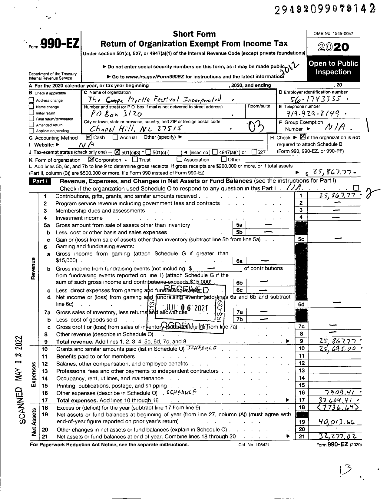 Image of first page of 2020 Form 990EZ for The Crape Myrtle Festival Incorporated