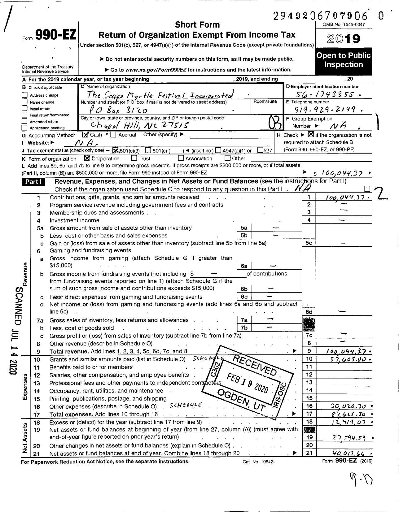 Image of first page of 2019 Form 990EZ for The Crape Myrtle Festival Incorporated