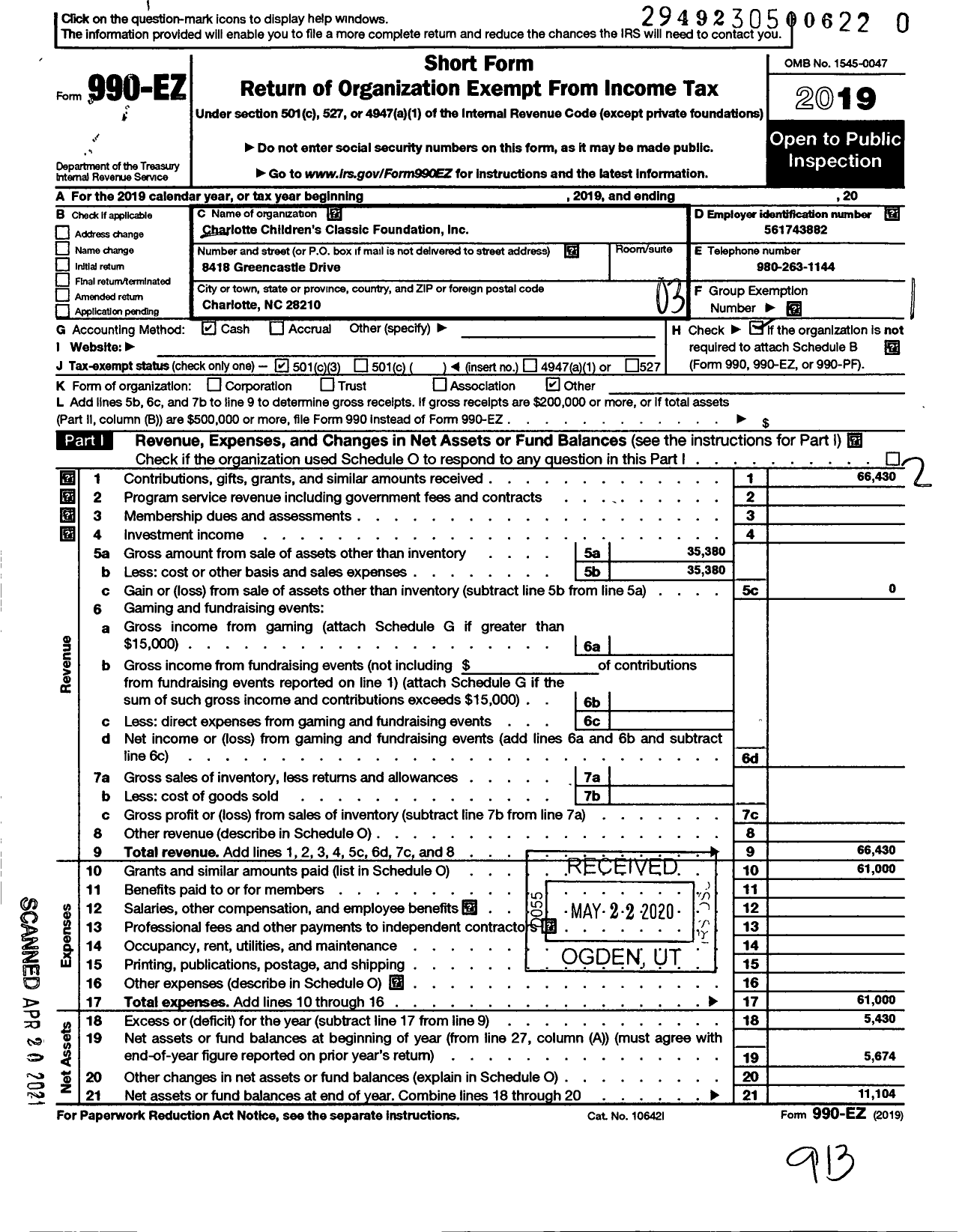 Image of first page of 2019 Form 990EZ for Charlotte Childrens Classic Foundation