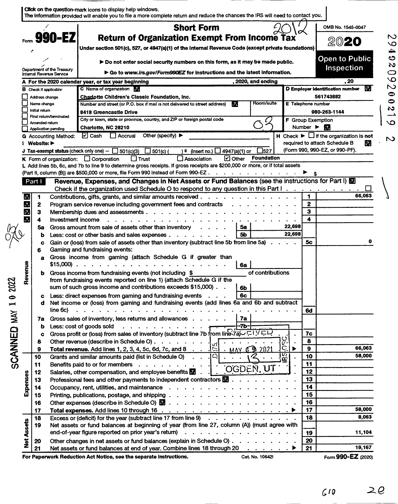 Image of first page of 2020 Form 990EZ for Charlotte Childrens Classic Foundation