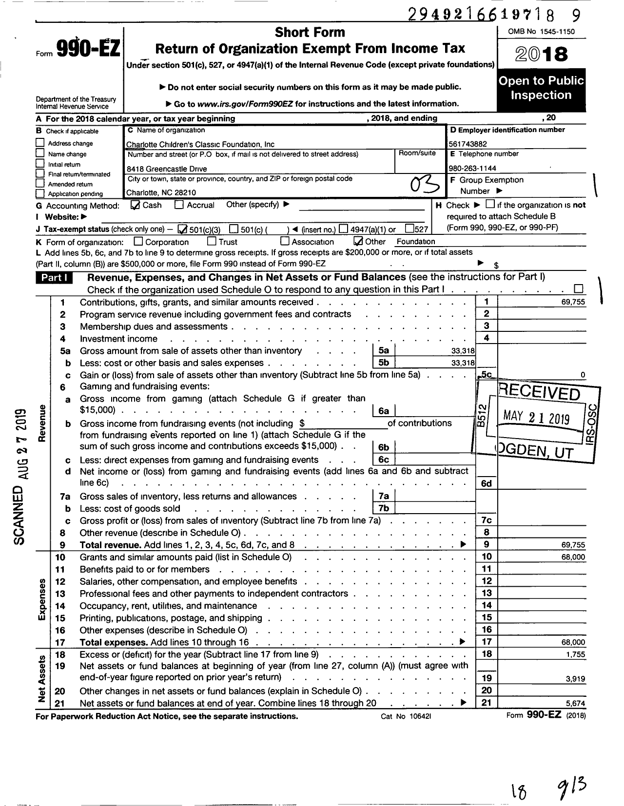 Image of first page of 2018 Form 990EZ for Charlotte Childrens Classic Foundation