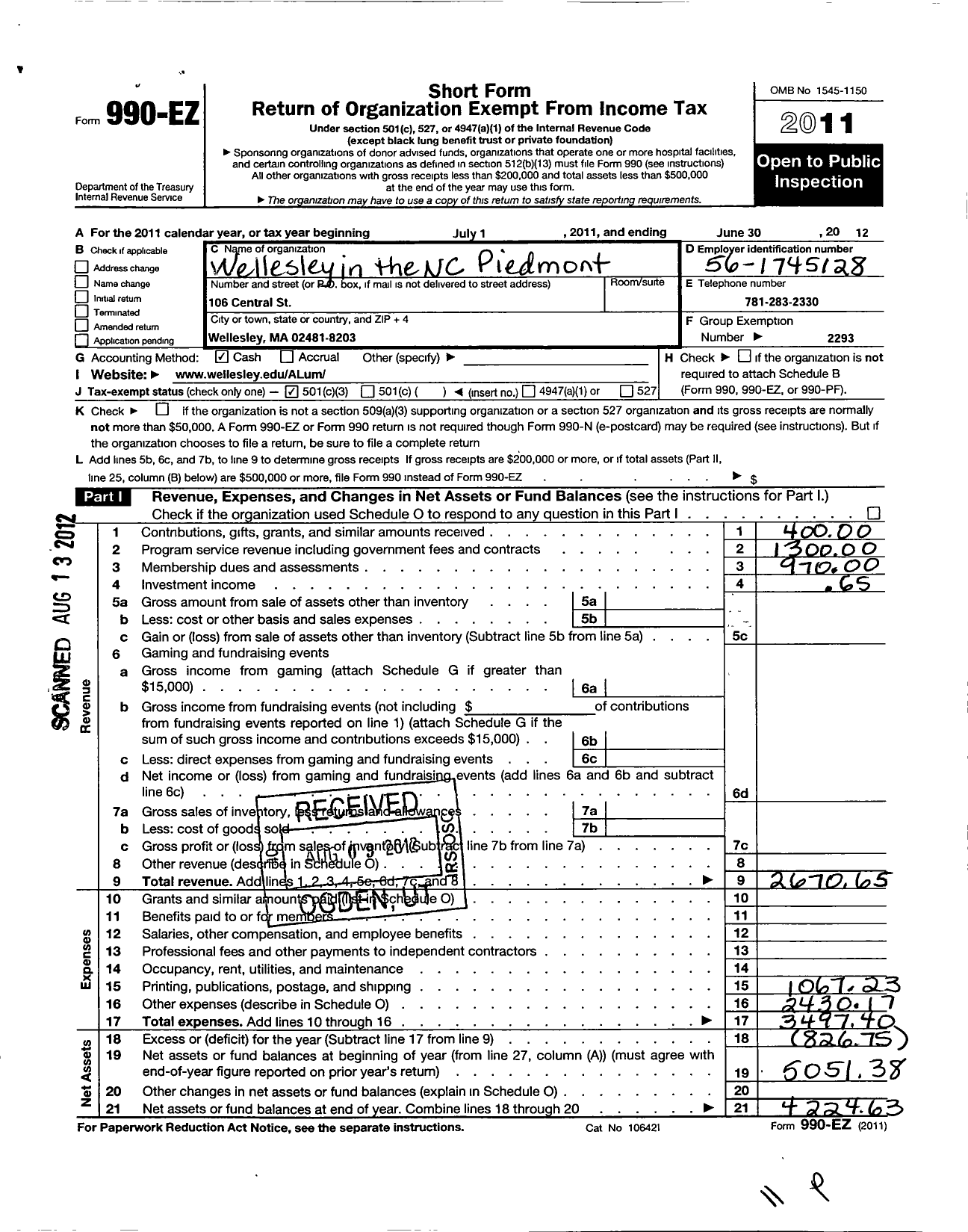 Image of first page of 2011 Form 990EZ for Wellesley College Alumnae Association / Wellesley North Carolina Piedmont