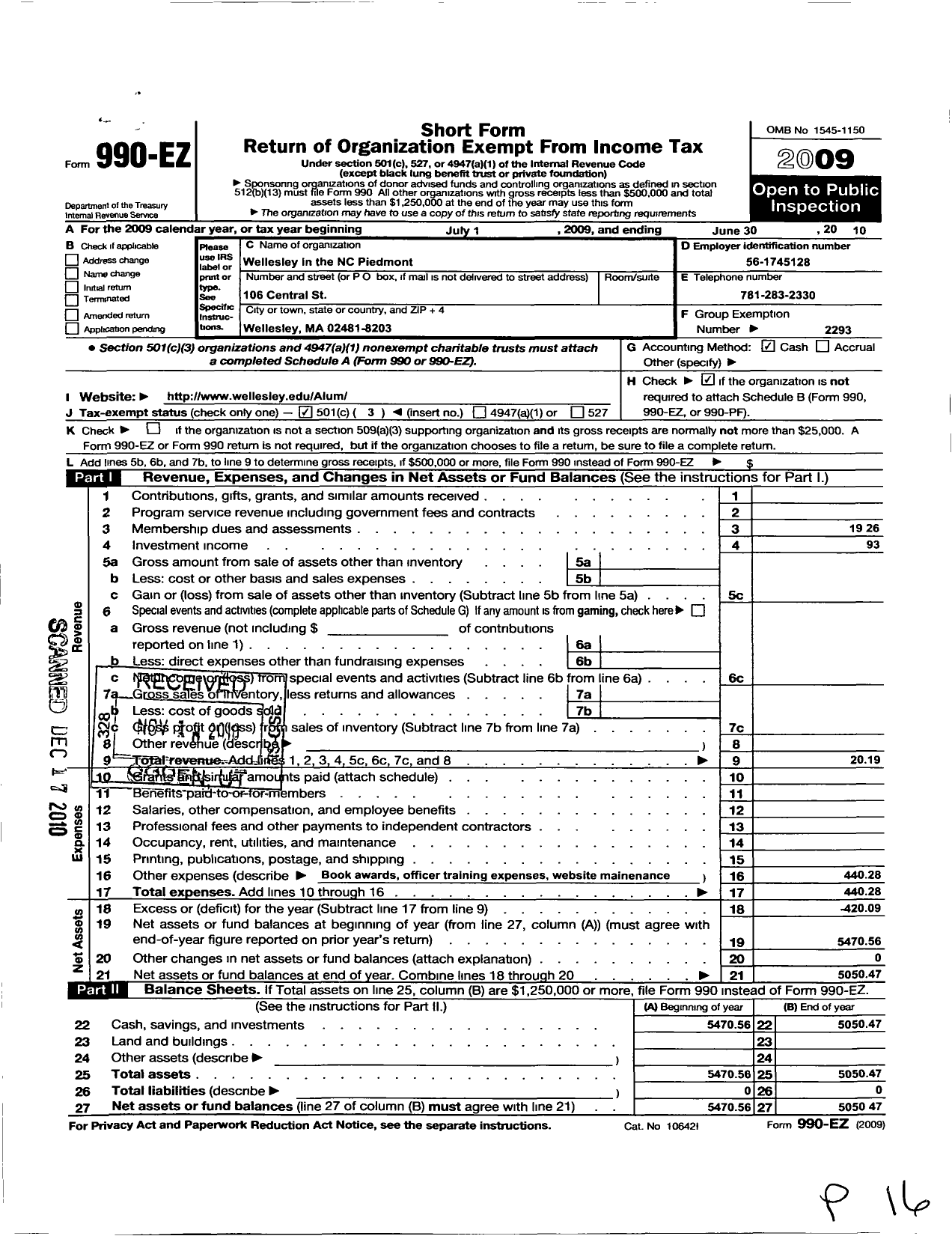 Image of first page of 2009 Form 990EZ for Wellesley College Alumnae Association / Wellesley North Carolina Piedmont