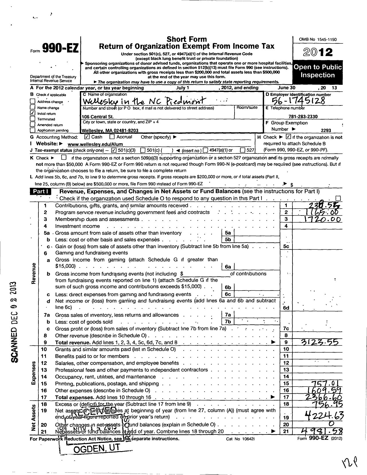 Image of first page of 2012 Form 990EZ for Wellesley College Alumnae Association / Wellesley North Carolina Piedmont