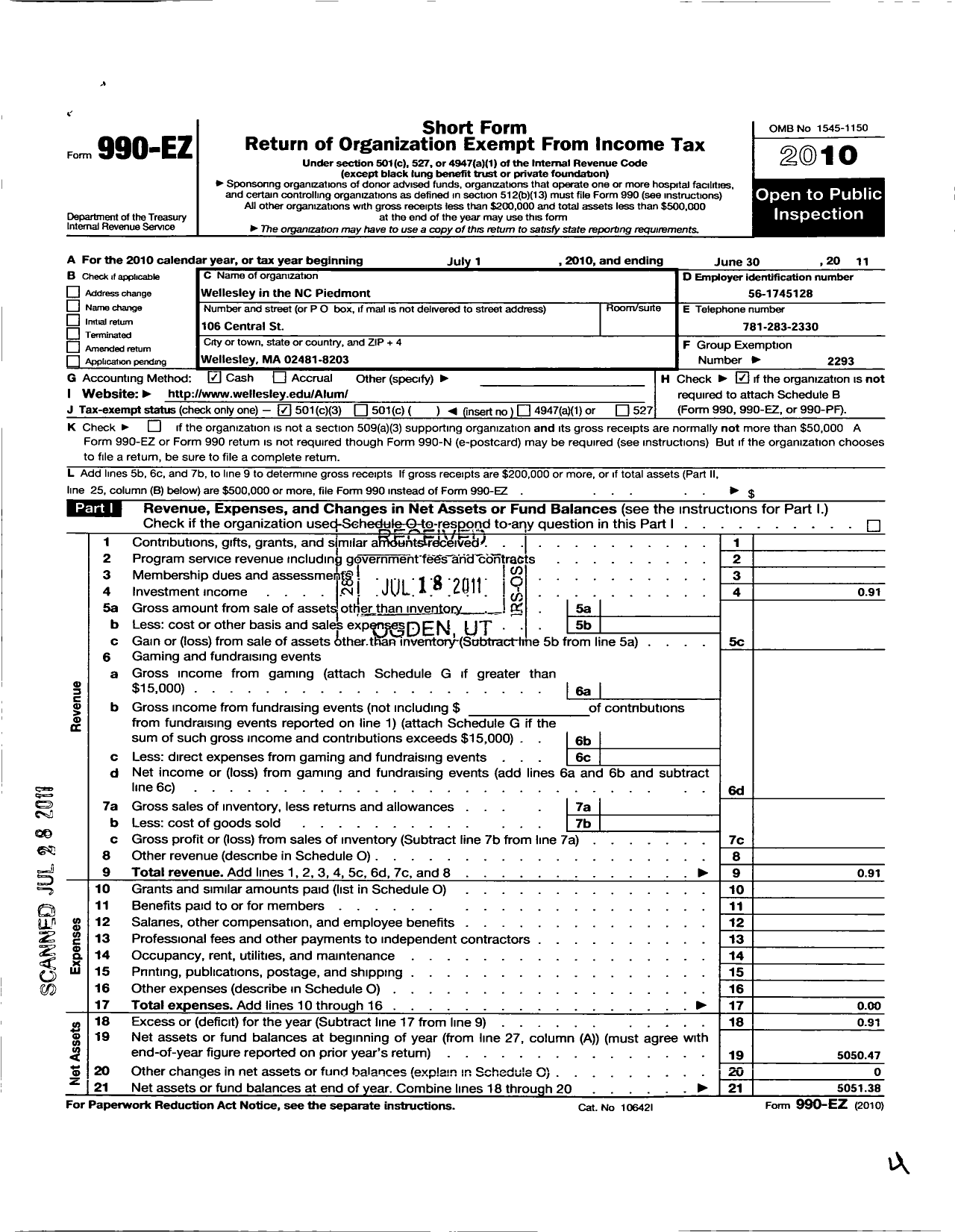 Image of first page of 2010 Form 990EZ for Wellesley College Alumnae Association / Wellesley North Carolina Piedmont