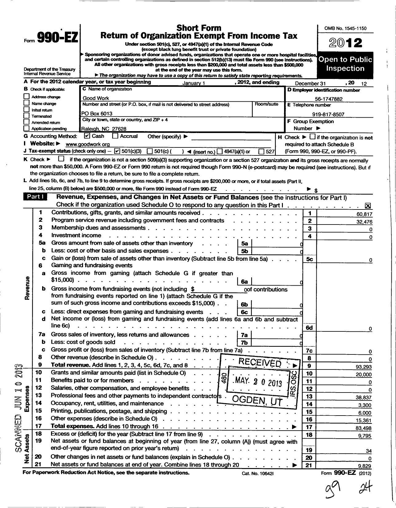 Image of first page of 2012 Form 990EZ for Good Work