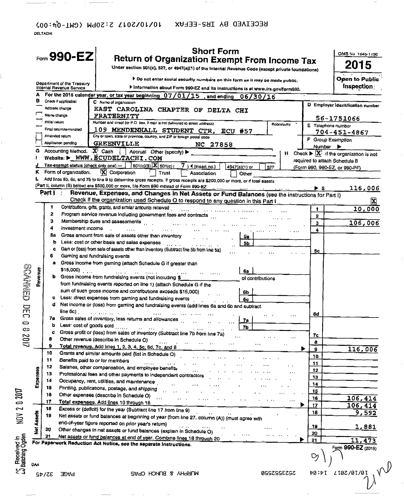 Image of first page of 2015 Form 990EO for East Caroline Chapter of Delta Chi Fraternity