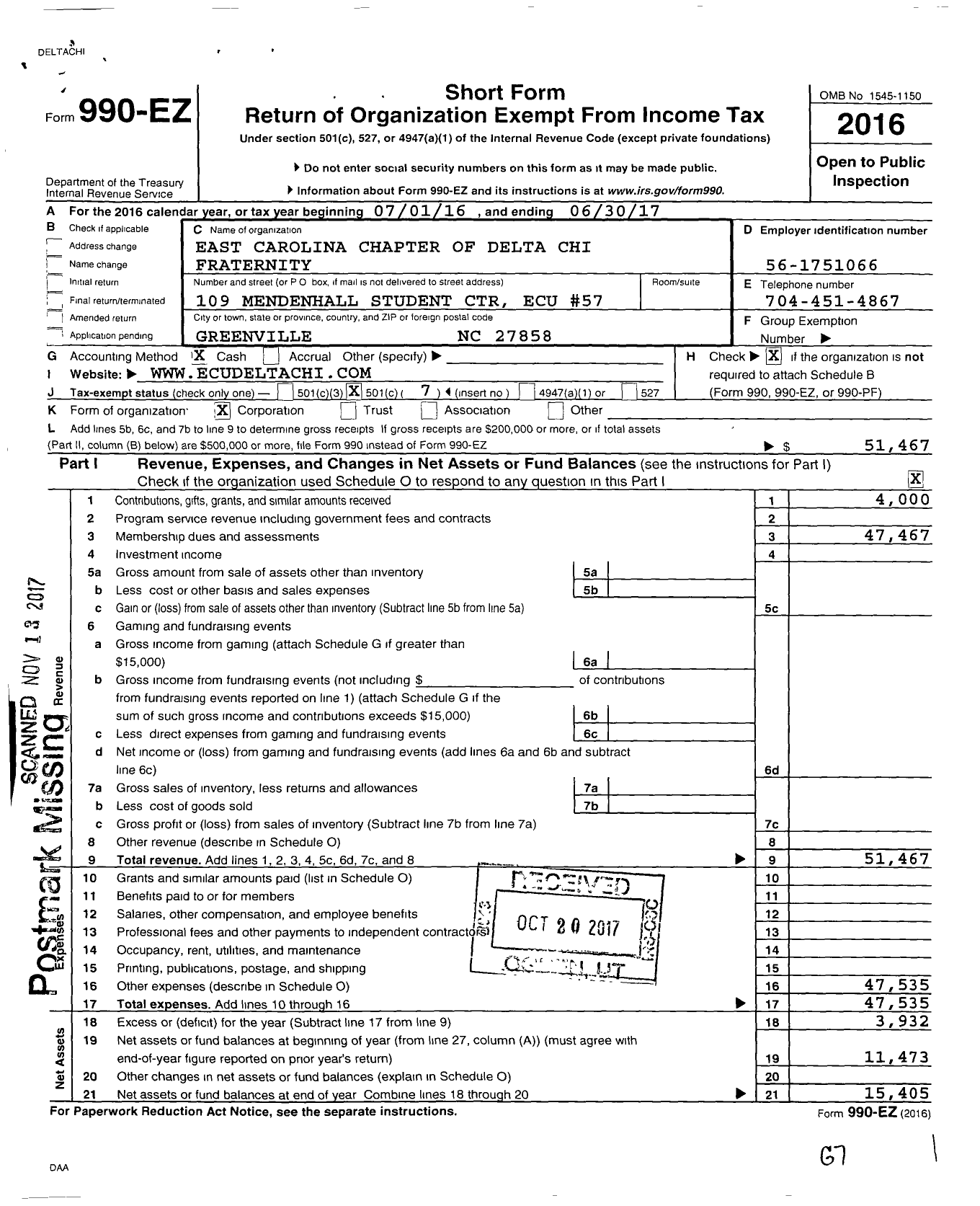 Image of first page of 2016 Form 990EO for East Caroline Chapter of Delta Chi Fraternity