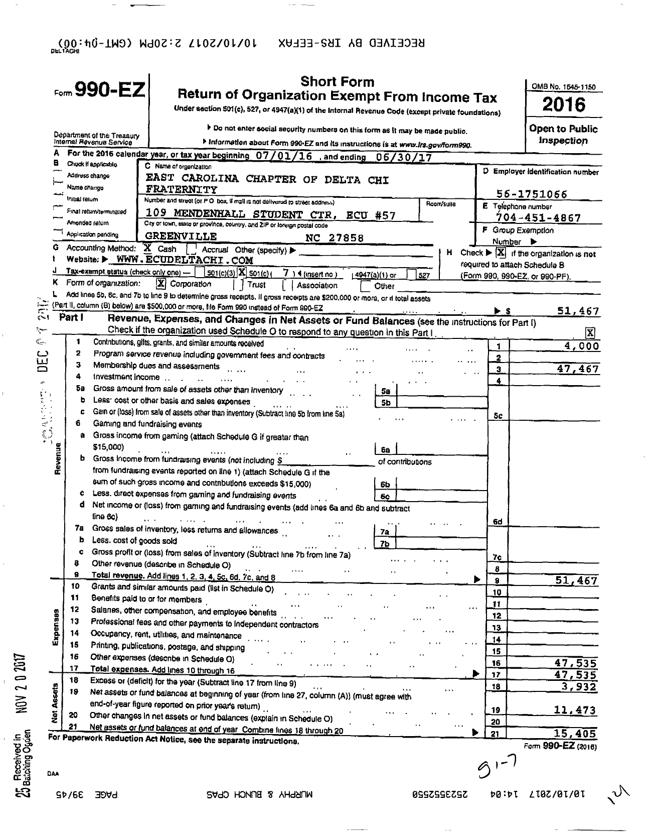 Image of first page of 2016 Form 990EO for East Caroline Chapter of Delta Chi Fraternity