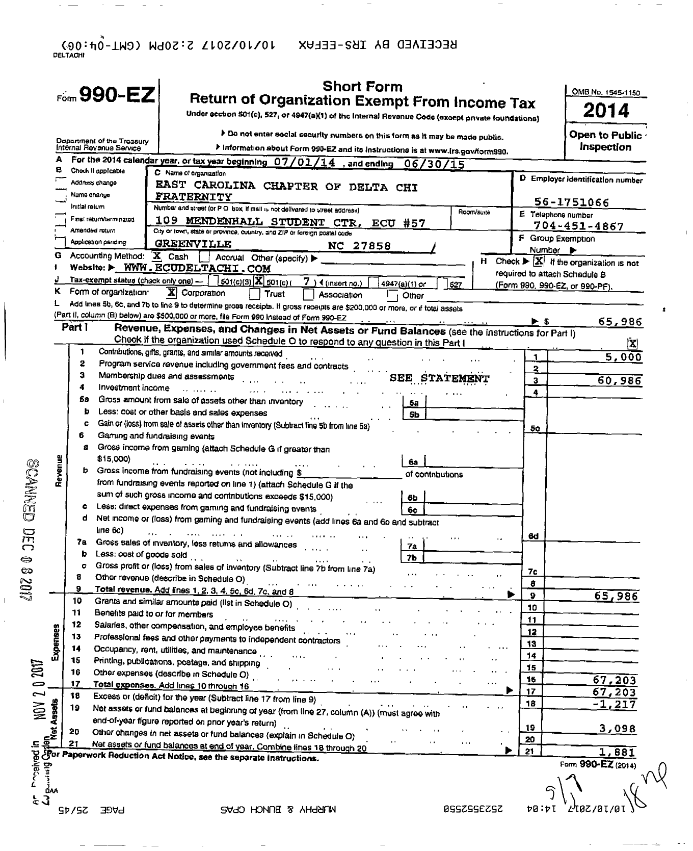 Image of first page of 2014 Form 990EO for East Caroline Chapter of Delta Chi Fraternity