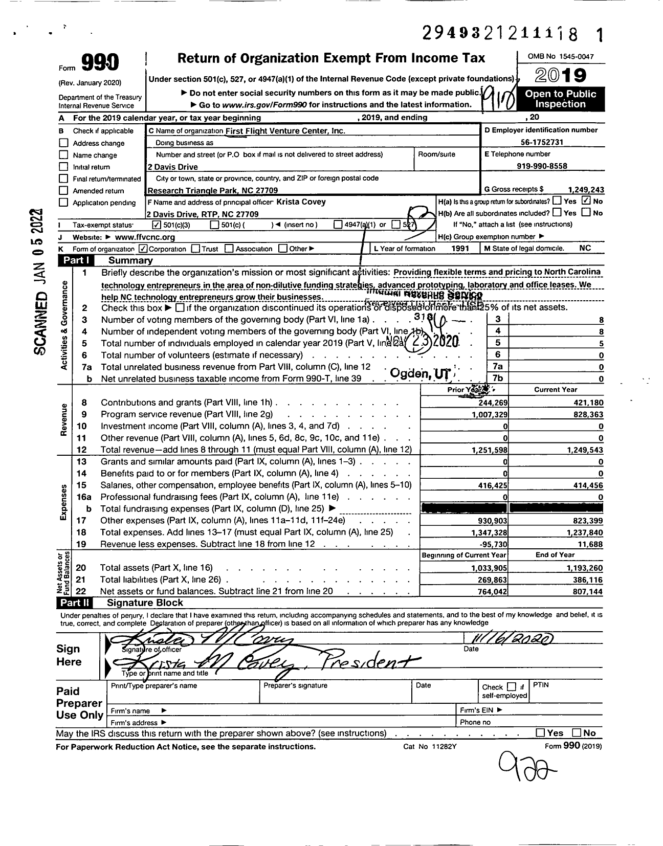 Image of first page of 2019 Form 990 for First Flight Venture Center