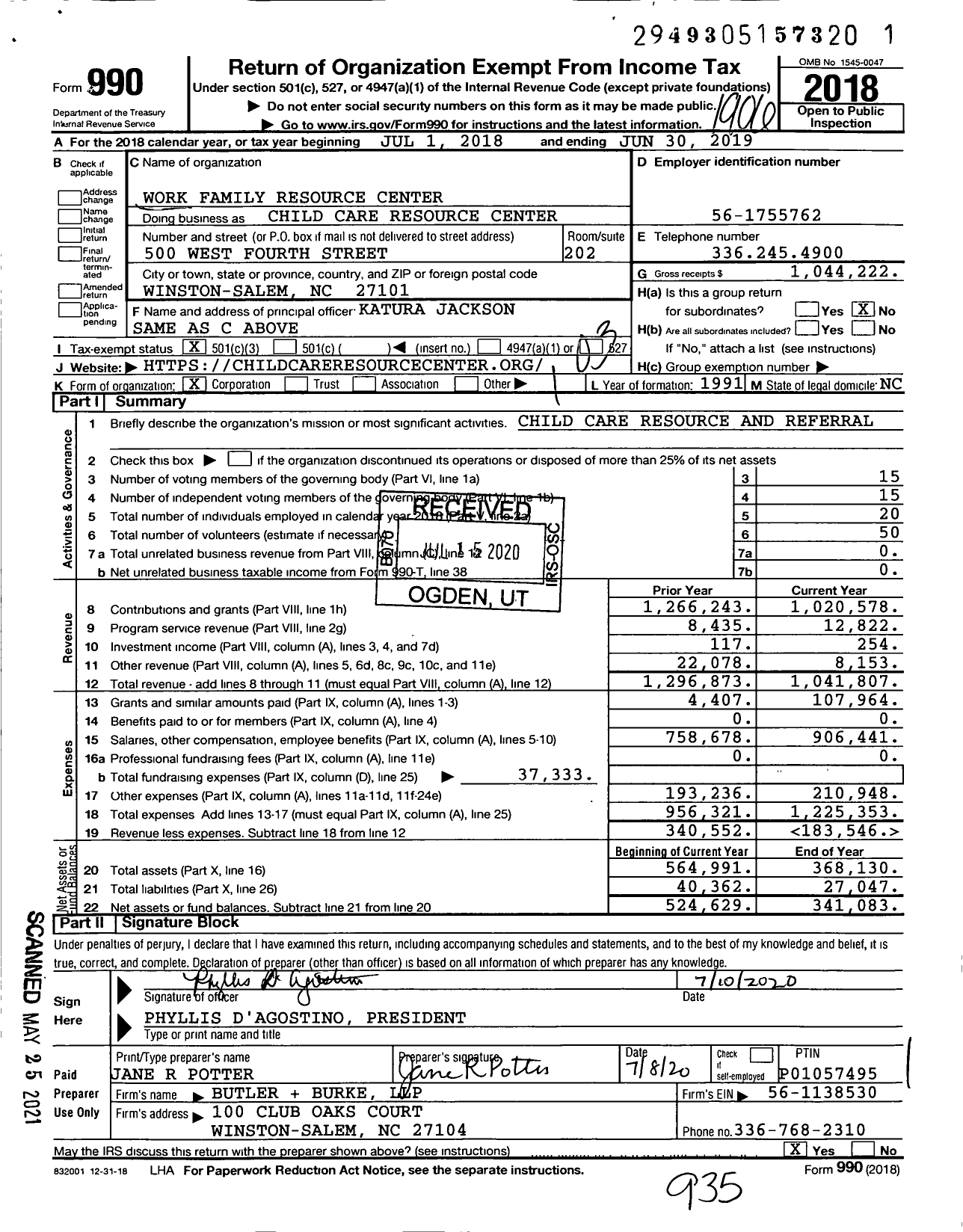 Image of first page of 2018 Form 990 for Child Care Resource Center / Work Family Resource Center