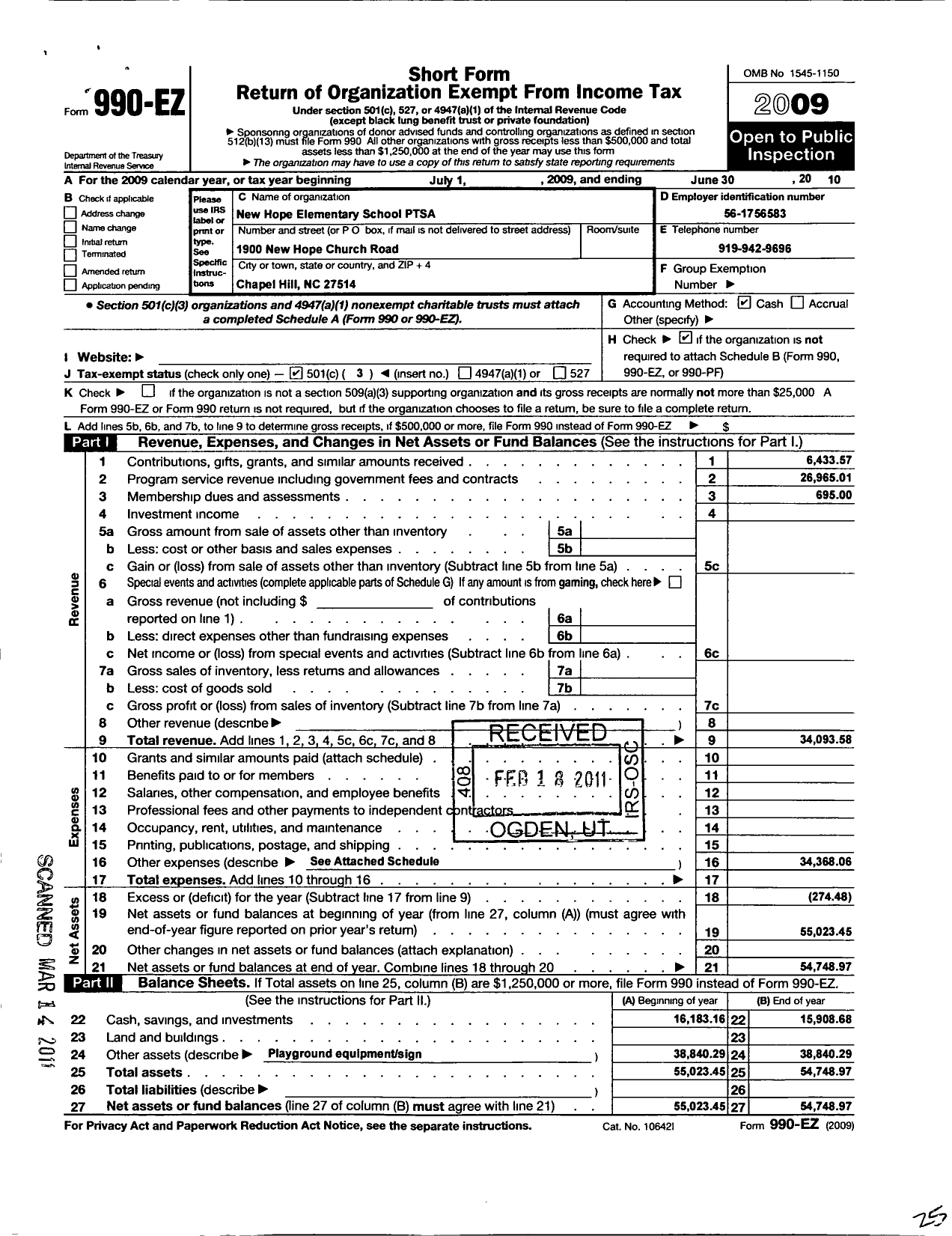 Image of first page of 2009 Form 990EZ for North Carolina PTA - New Hope Elementary School