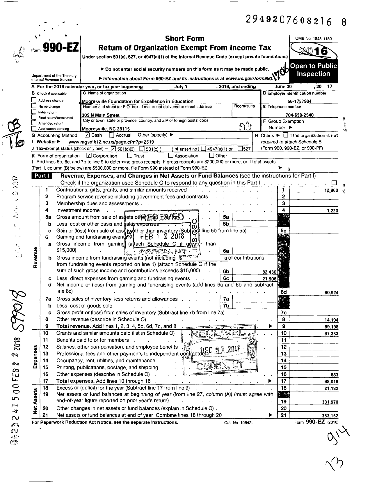 Image of first page of 2016 Form 990EZ for Mooresville Foundation for Excellence in Education