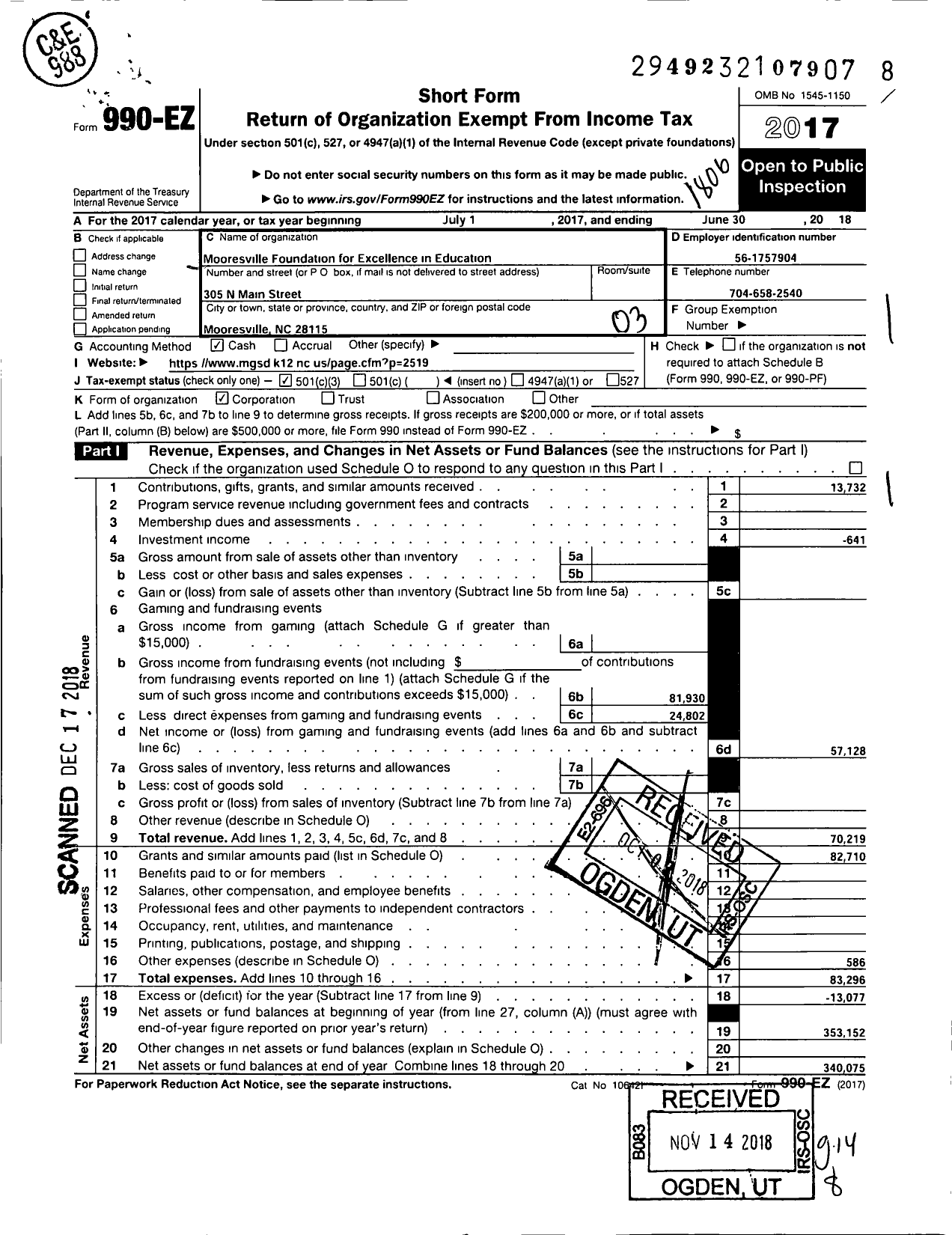 Image of first page of 2017 Form 990EZ for Mooresville Foundation for Excellence in Education