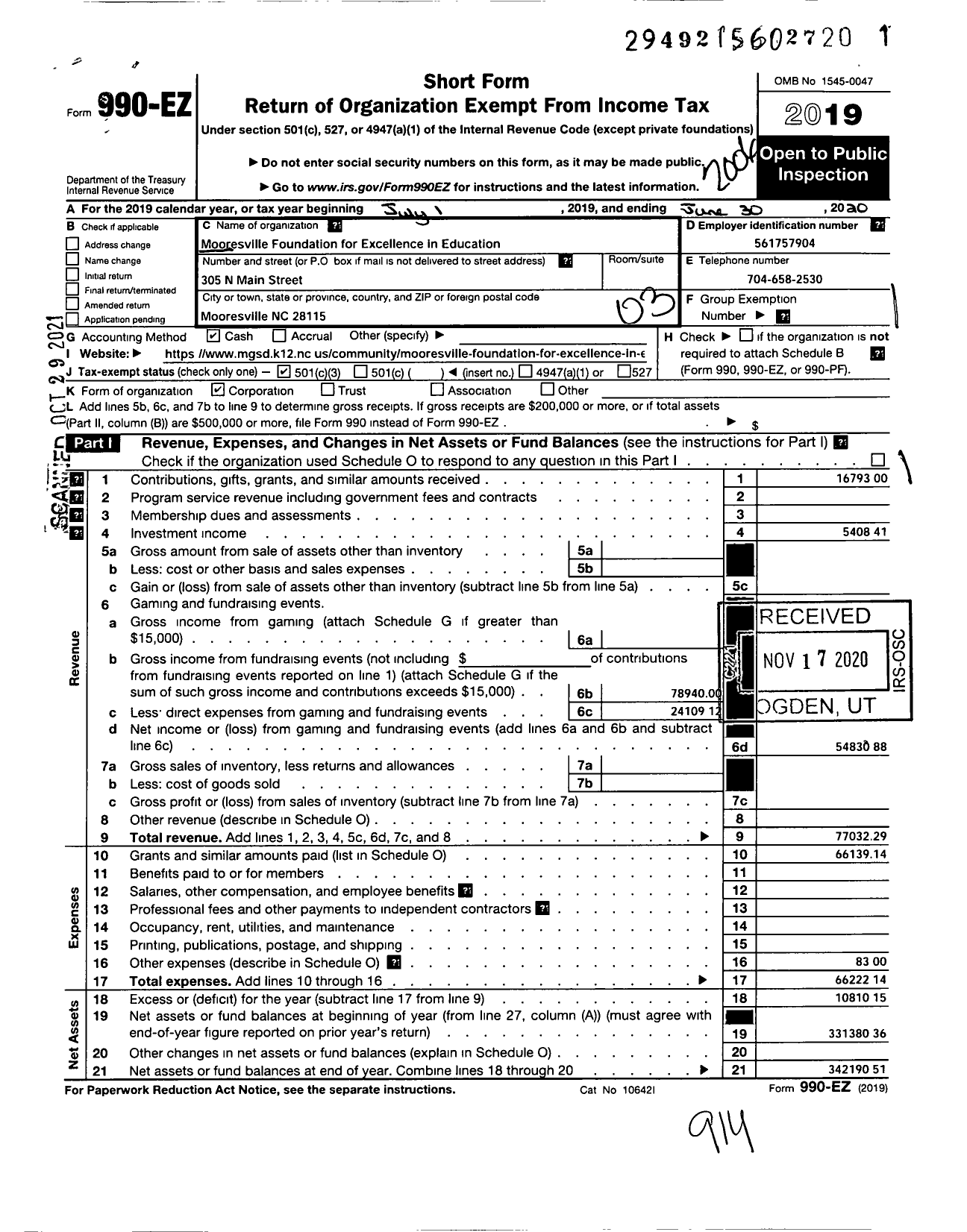 Image of first page of 2019 Form 990EZ for Mooresville Foundation for Excellence in Education