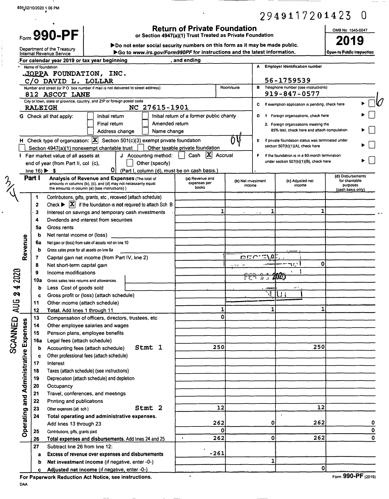 Image of first page of 2019 Form 990PR for Joppa Foundation