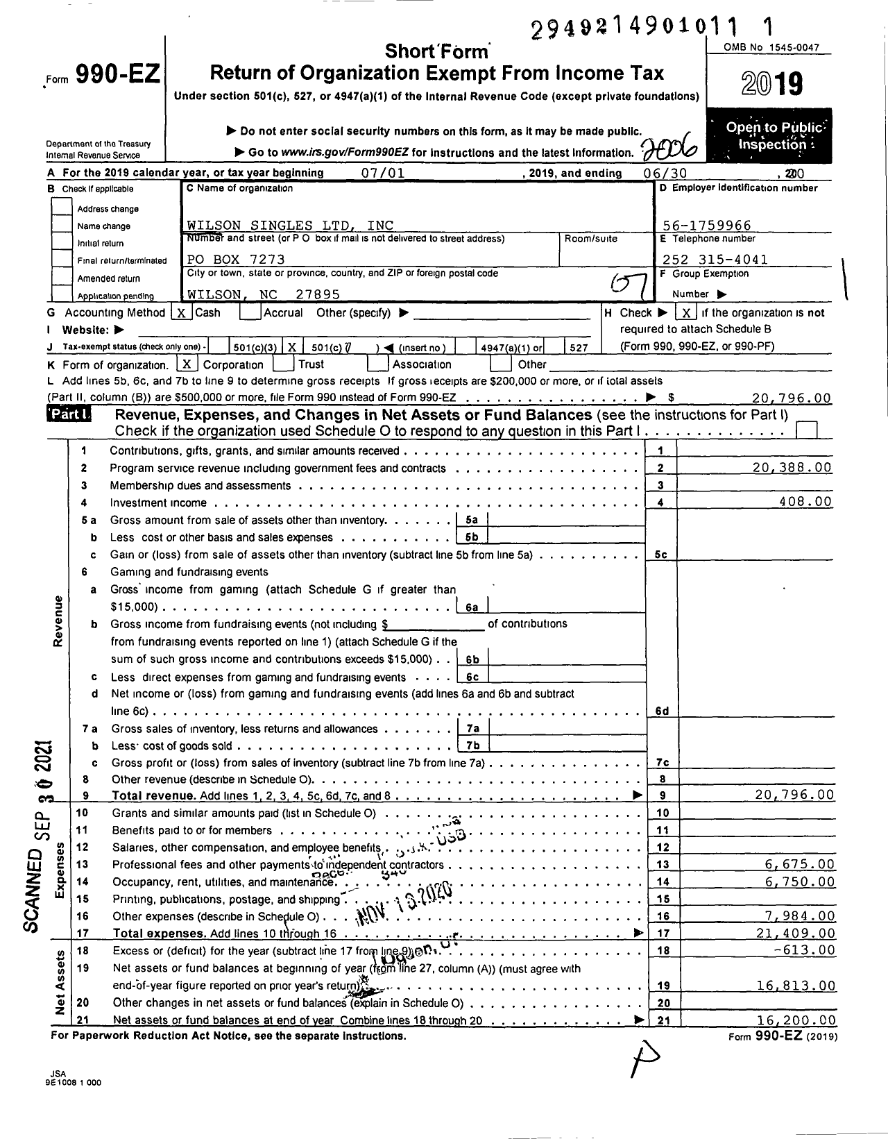 Image of first page of 2019 Form 990EO for Wilson Singles