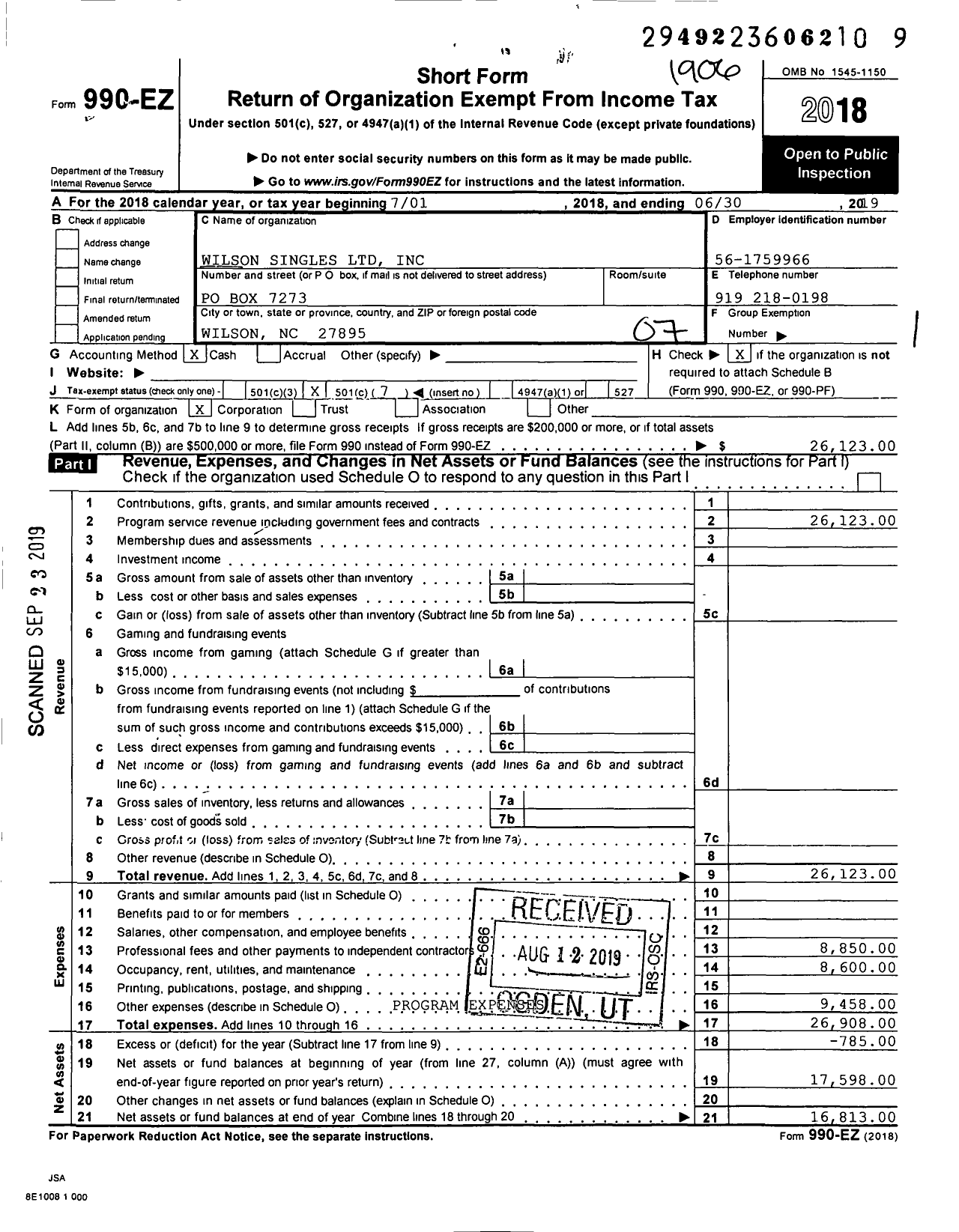 Image of first page of 2018 Form 990EO for Wilson Singles