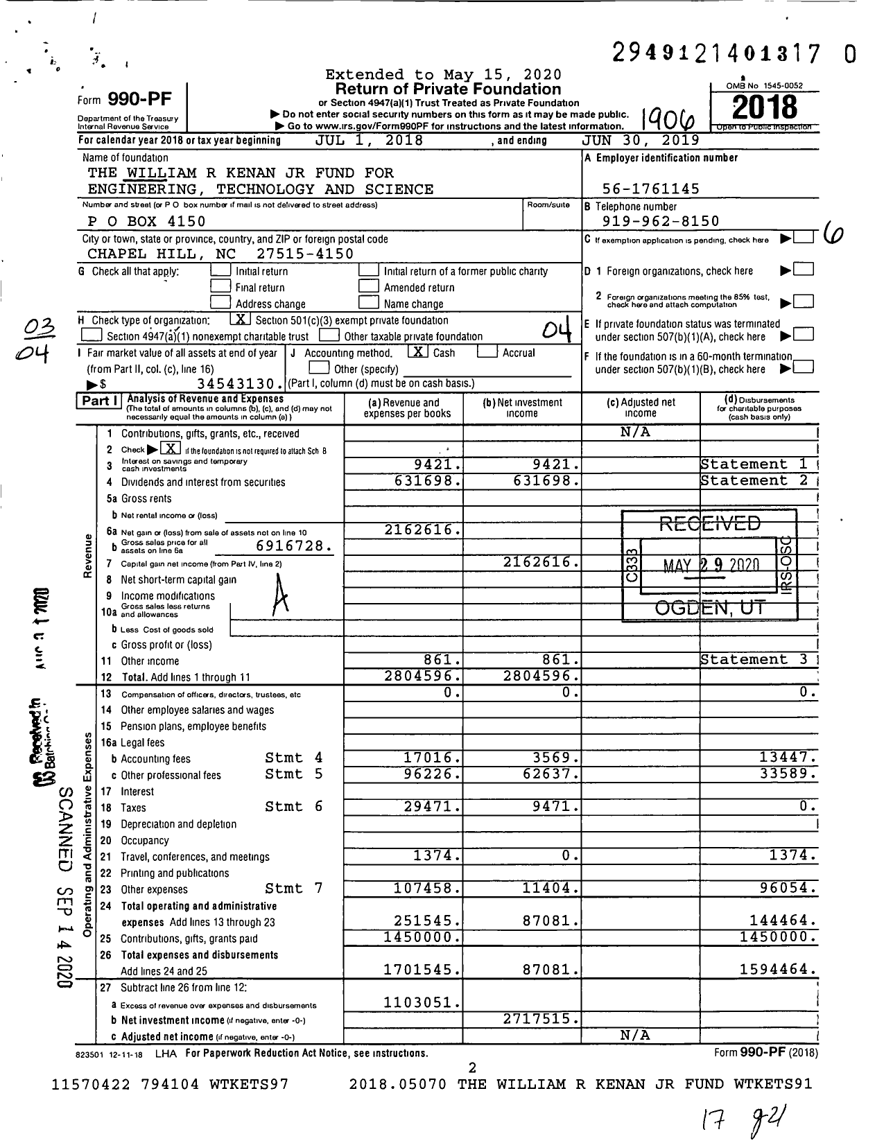 Image of first page of 2018 Form 990PR for The William R Kenan JR Fund for Engineering Technology and Science