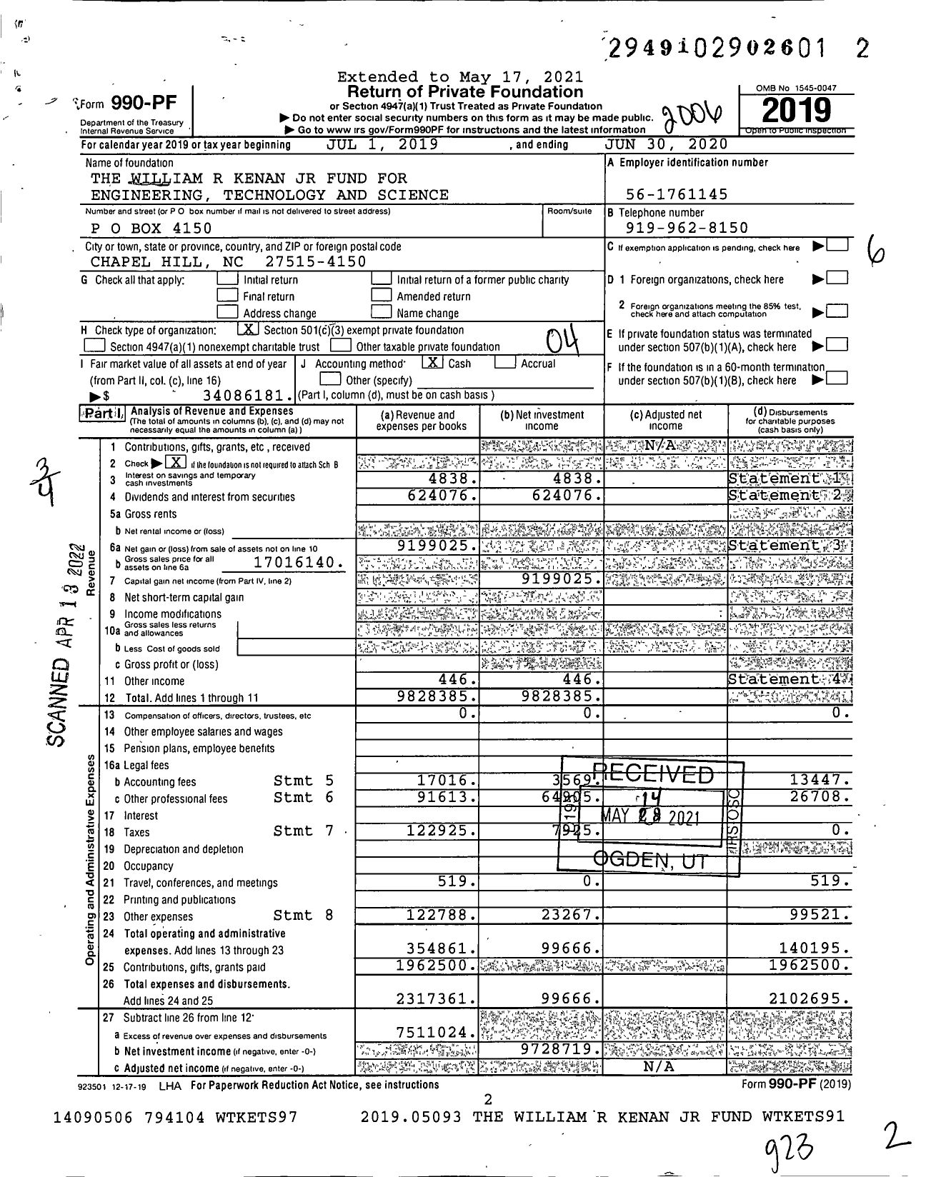 Image of first page of 2019 Form 990PF for The William R Kenan JR Fund for Engineering Technology and Science