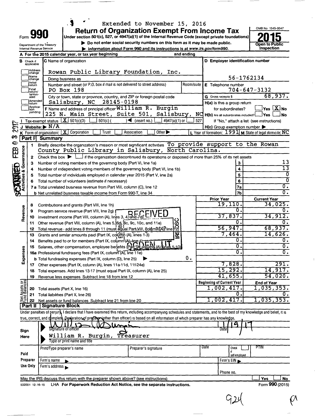 Image of first page of 2015 Form 990 for Rowan Public Library Foundation