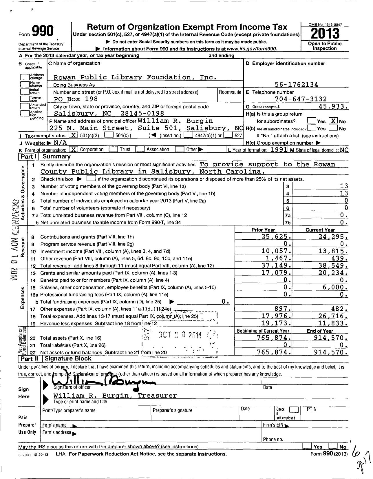 Image of first page of 2013 Form 990 for Rowan Public Library Foundation