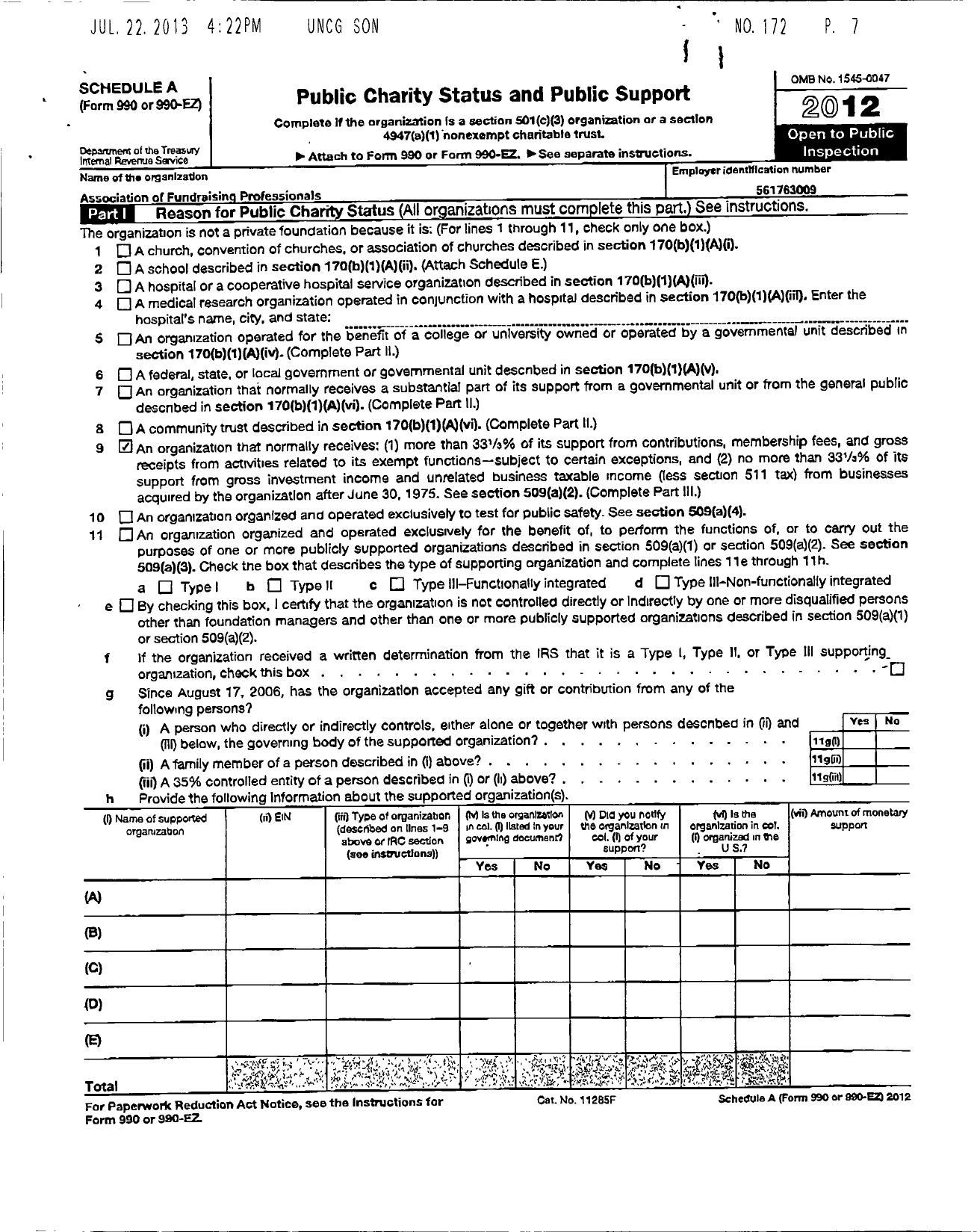 Image of first page of 2012 Form 990ER for Association of Fundraising Professionals
