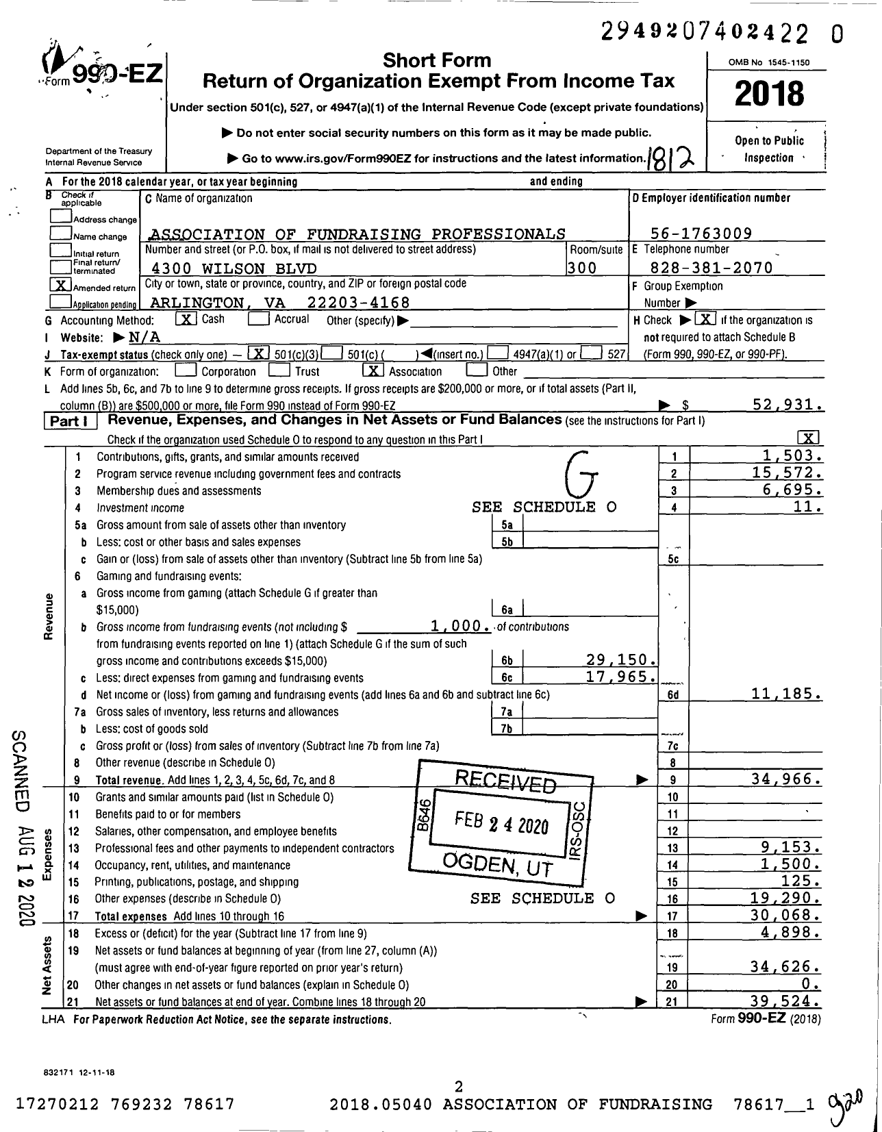 Image of first page of 2018 Form 990EZ for Association of Fundraising Professionals