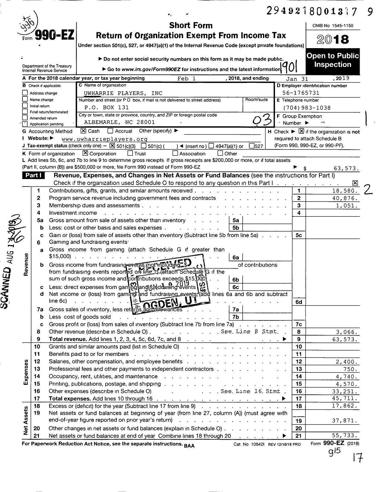 Image of first page of 2018 Form 990EZ for Uwharrie Players