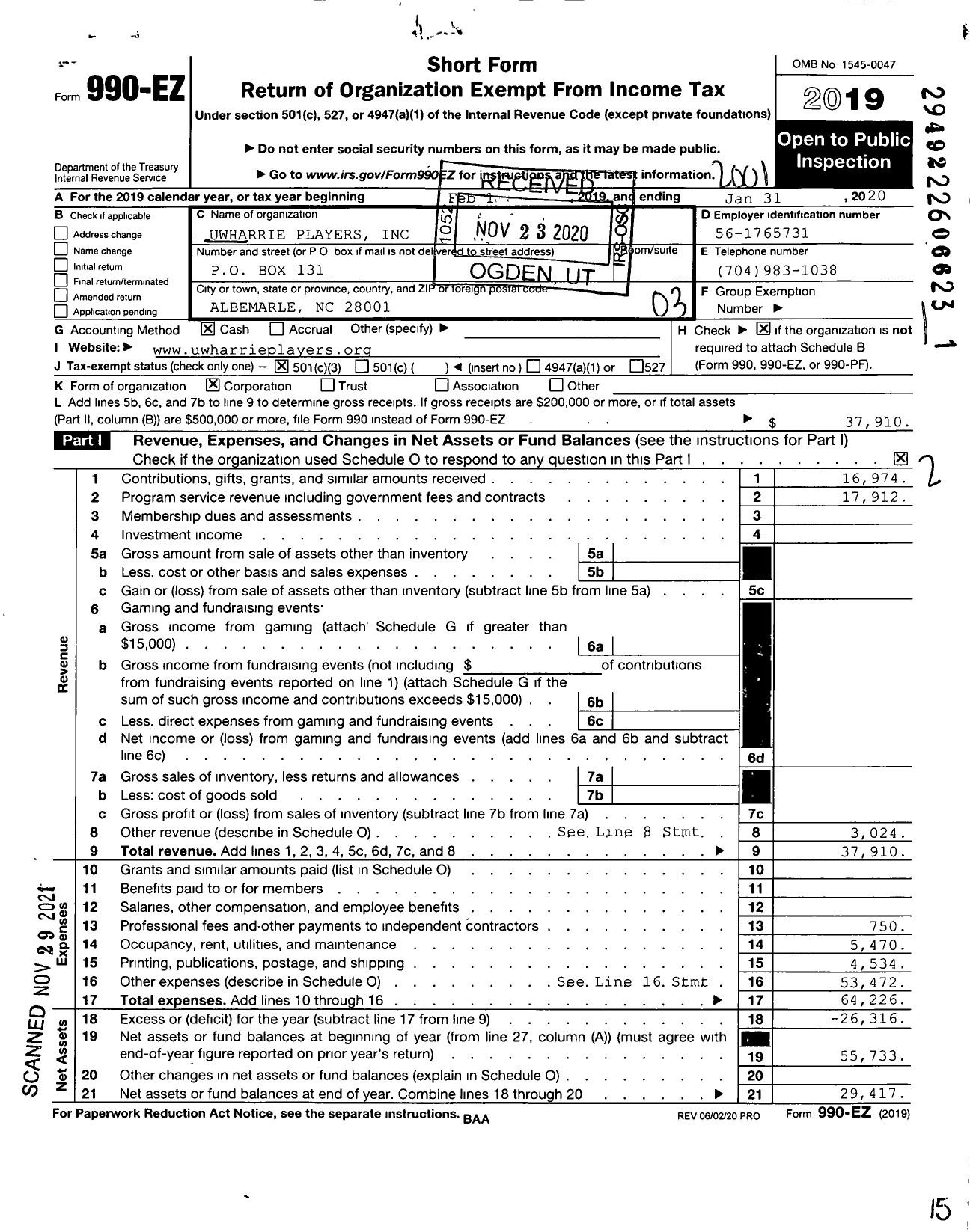 Image of first page of 2019 Form 990EZ for Uwharrie Players