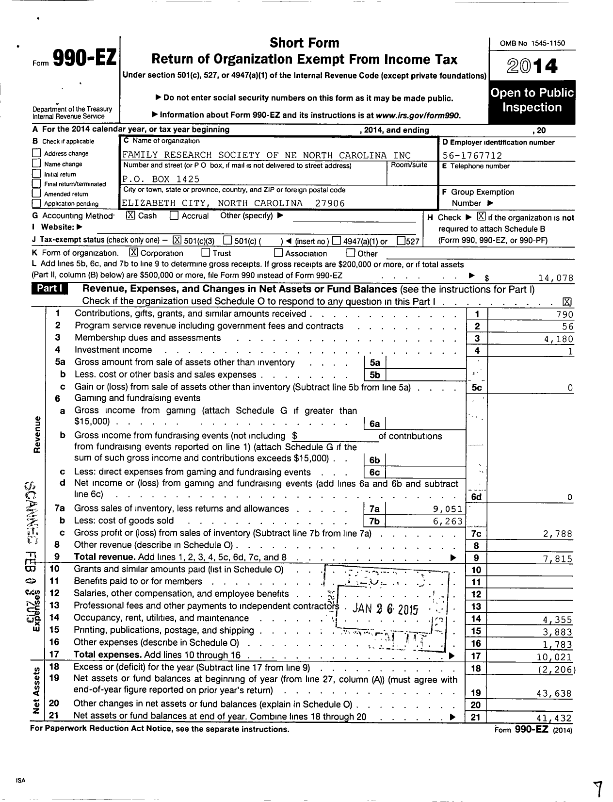 Image of first page of 2014 Form 990EZ for Family Research Society of Northeastern North Carolina