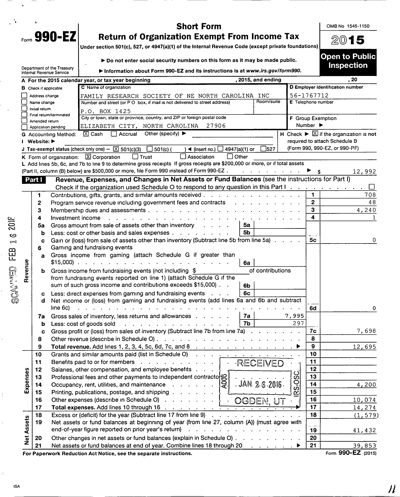 Image of first page of 2015 Form 990EZ for Family Research Society of Northeastern North Carolina