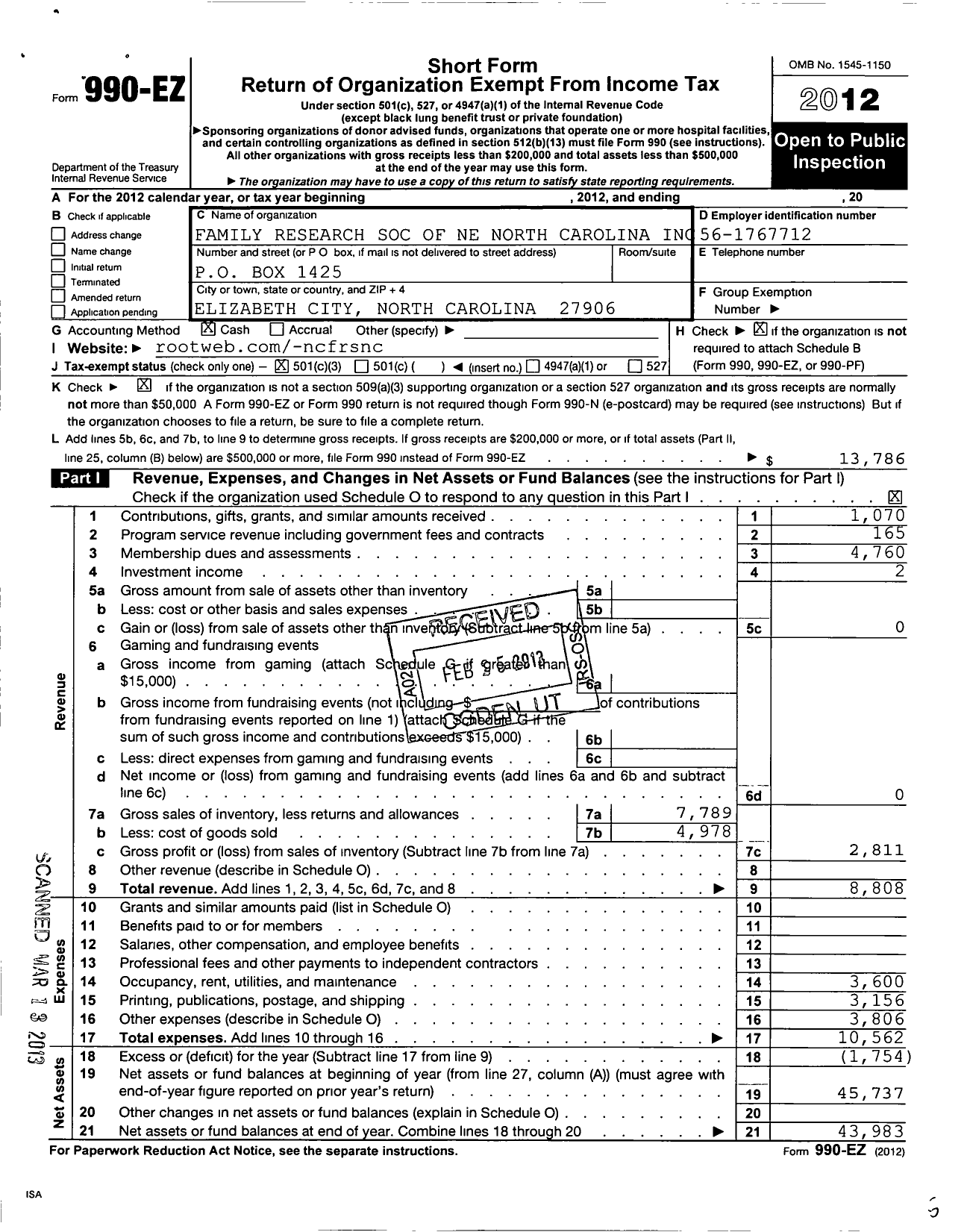 Image of first page of 2012 Form 990EZ for Family Research Society of Northeastern North Carolina