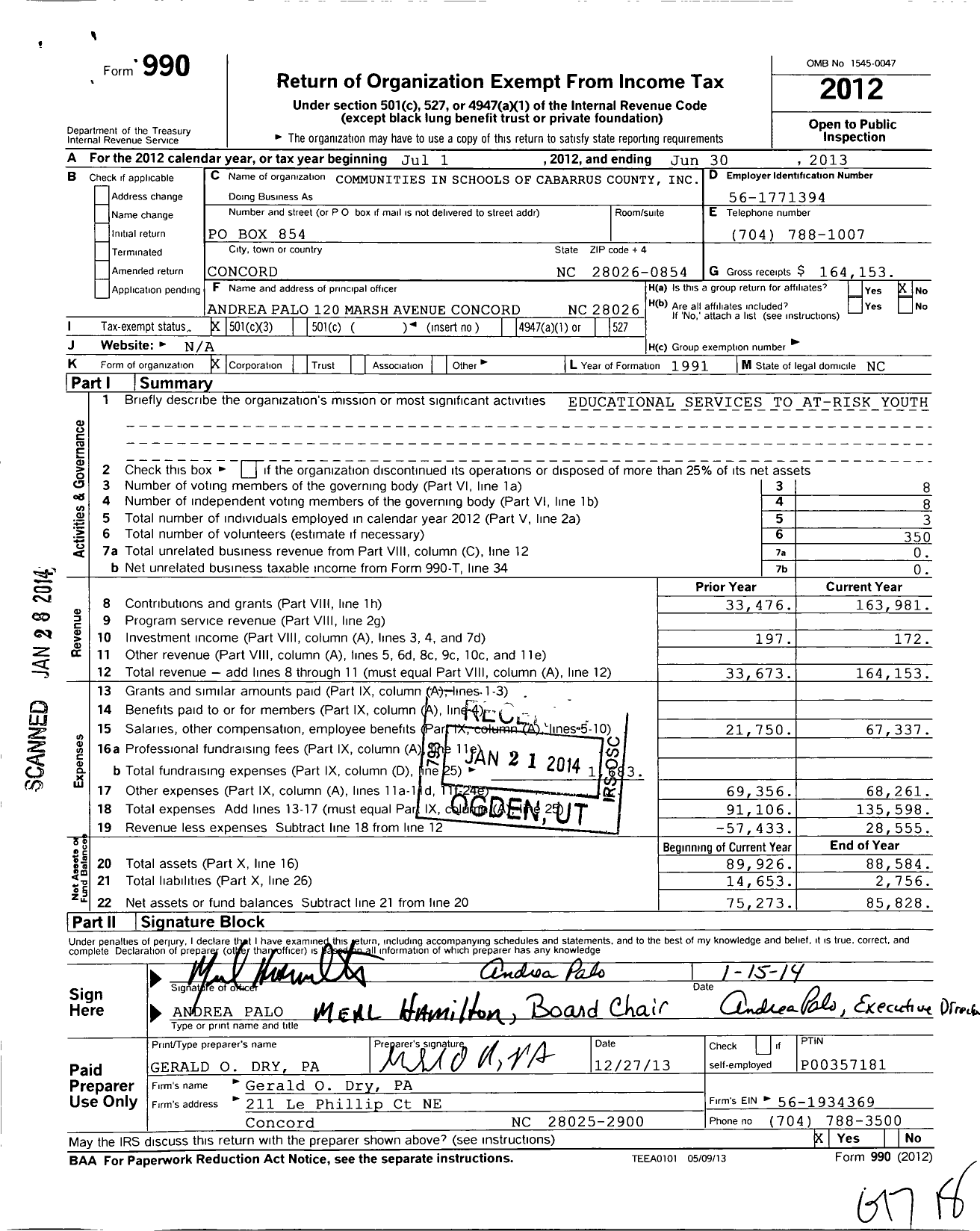 Image of first page of 2012 Form 990 for Communities In Schools of Cabarrus County