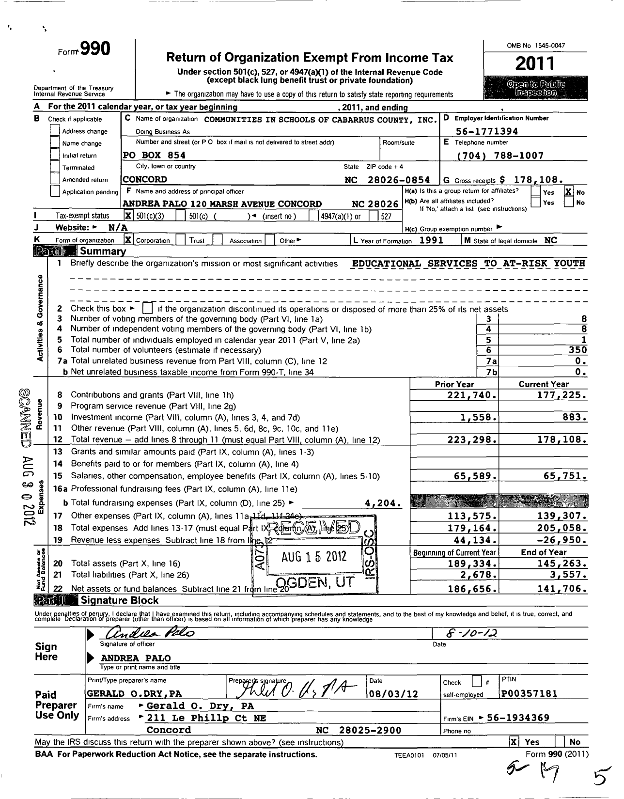 Image of first page of 2011 Form 990 for Communities In Schools of Cabarrus County