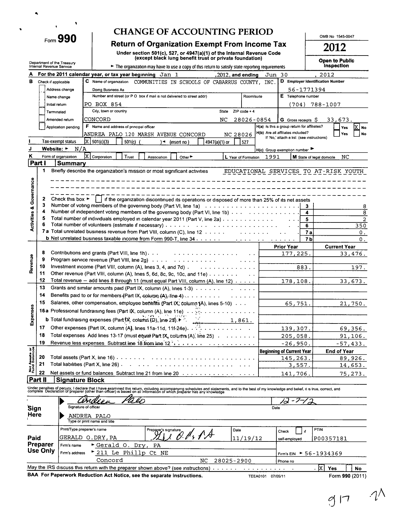 Image of first page of 2011 Form 990 for Communities In Schools of Cabarrus County