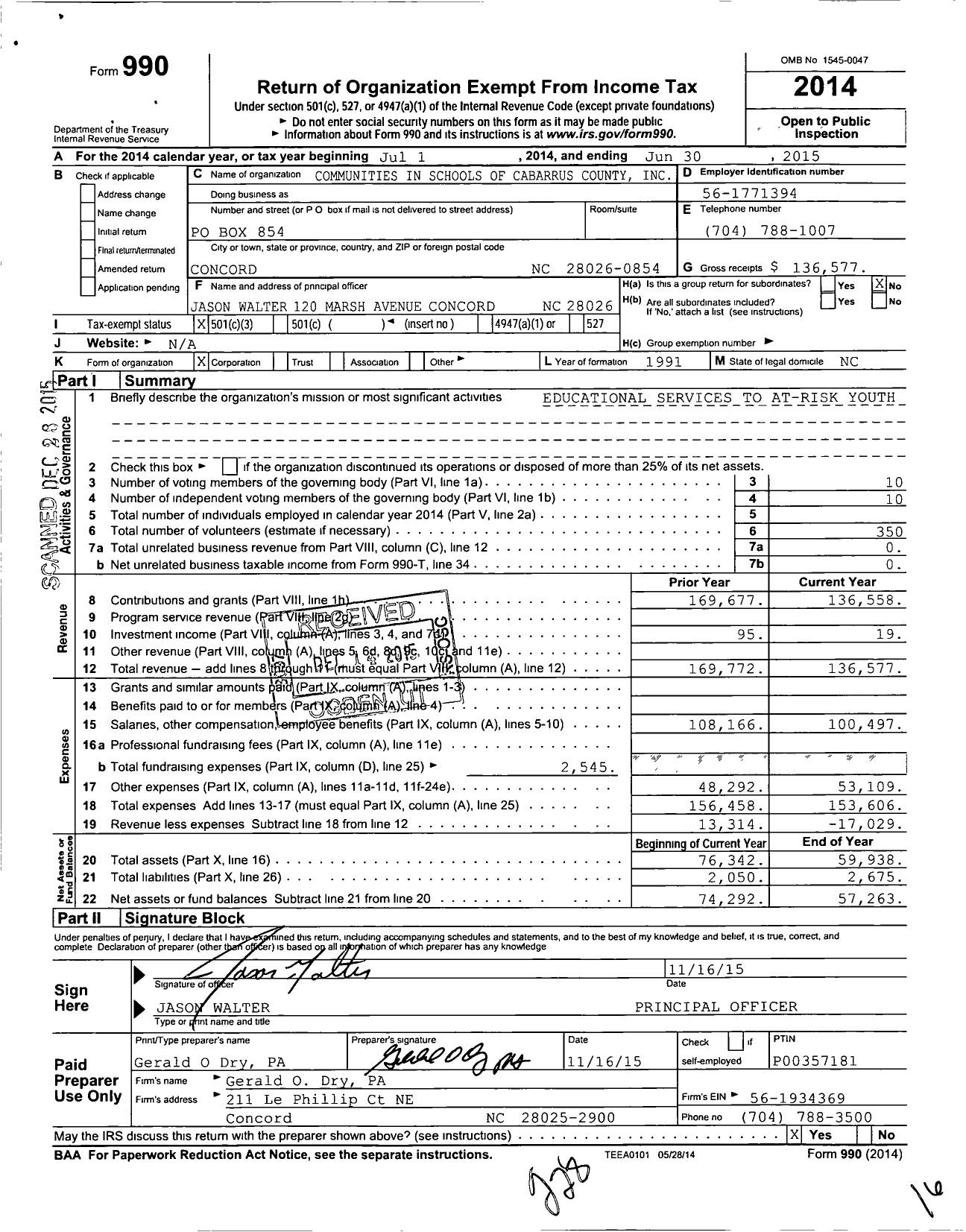 Image of first page of 2014 Form 990 for Communities In Schools of Cabarrus County