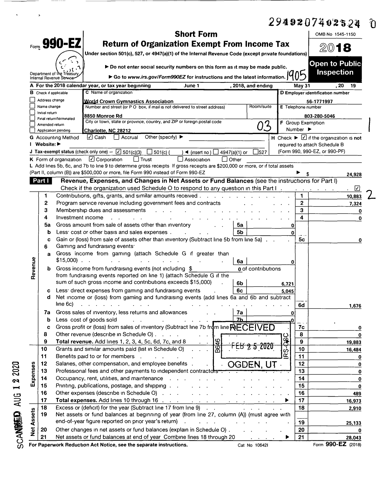 Image of first page of 2018 Form 990EZ for World Crown Gymnastics Association