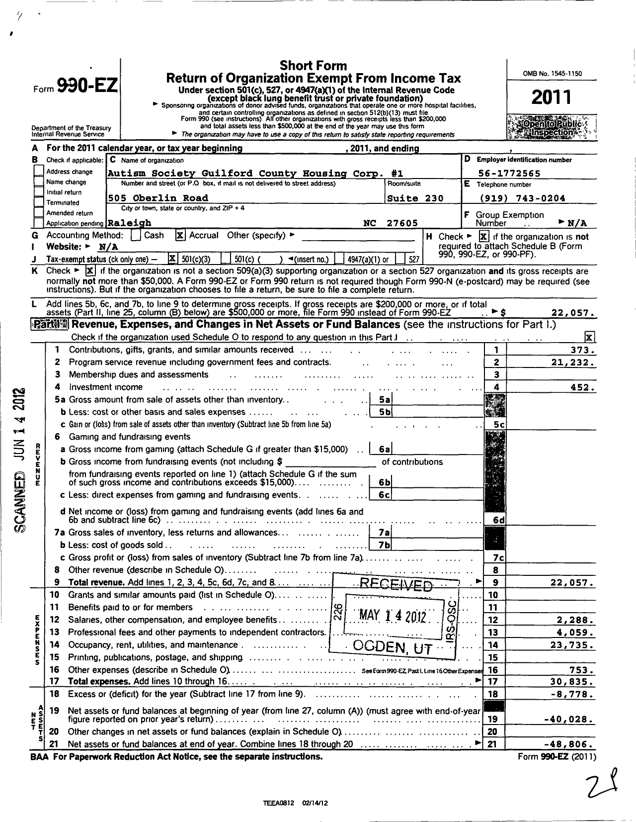 Image of first page of 2011 Form 990EZ for Autism Society of America / Guilford County Housing Corp 1